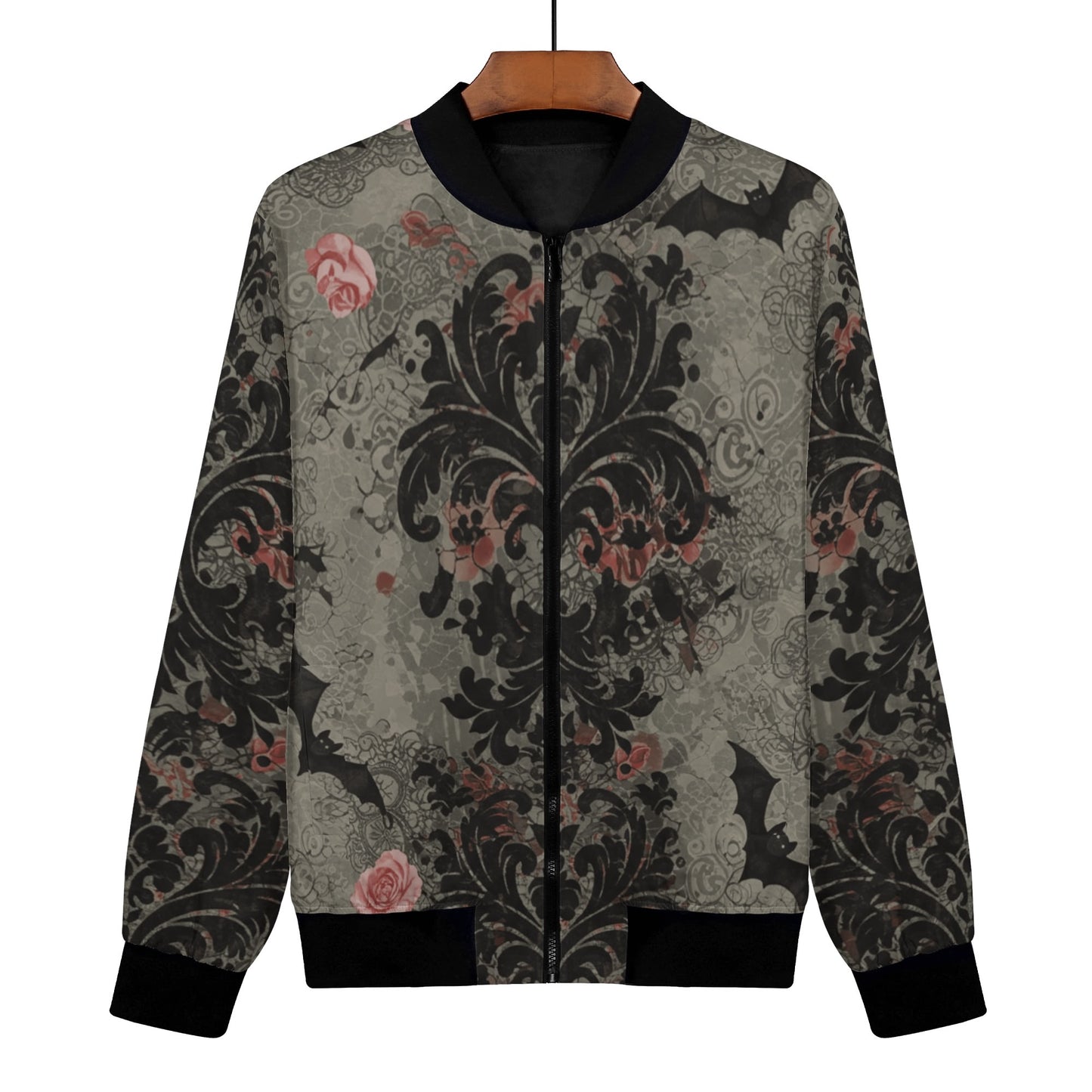Damask Roses and Bats Zip Up Bomber Jacket