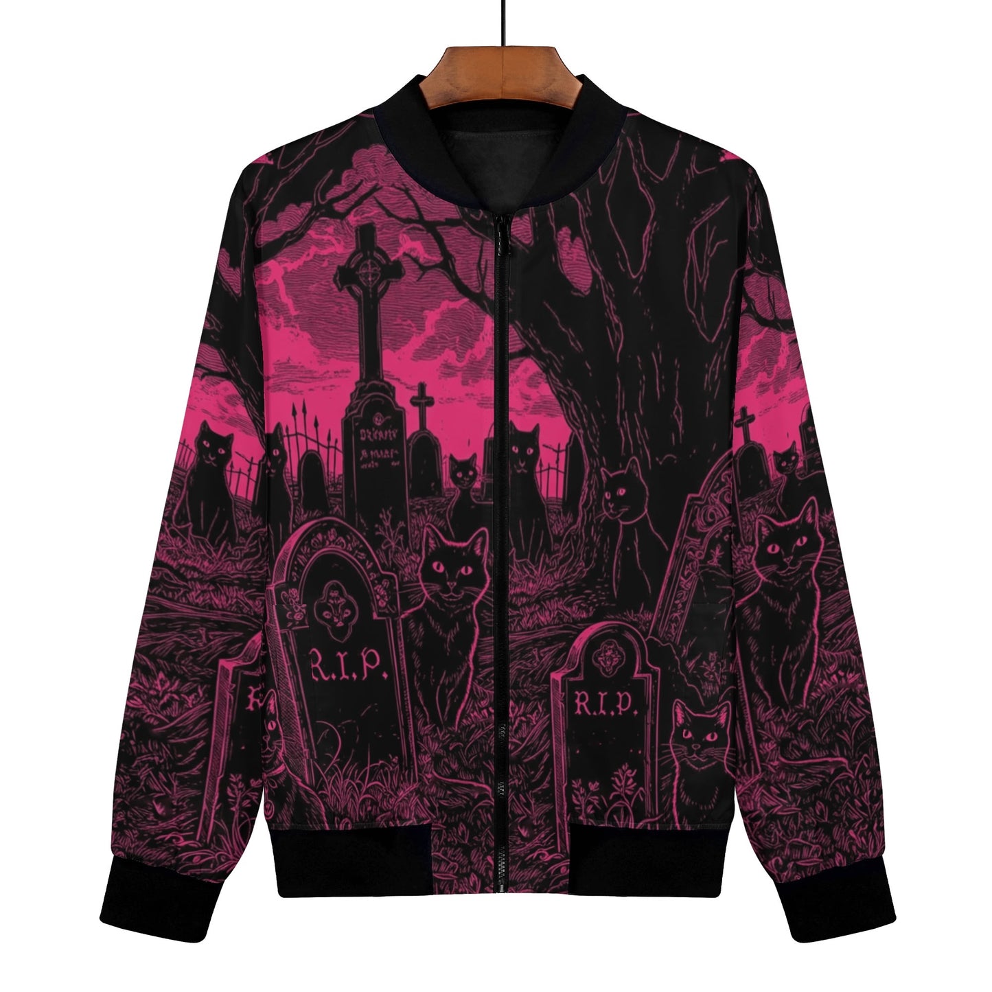 Pink and Black Cats in Graveyard Zip Up Bomber Jacket