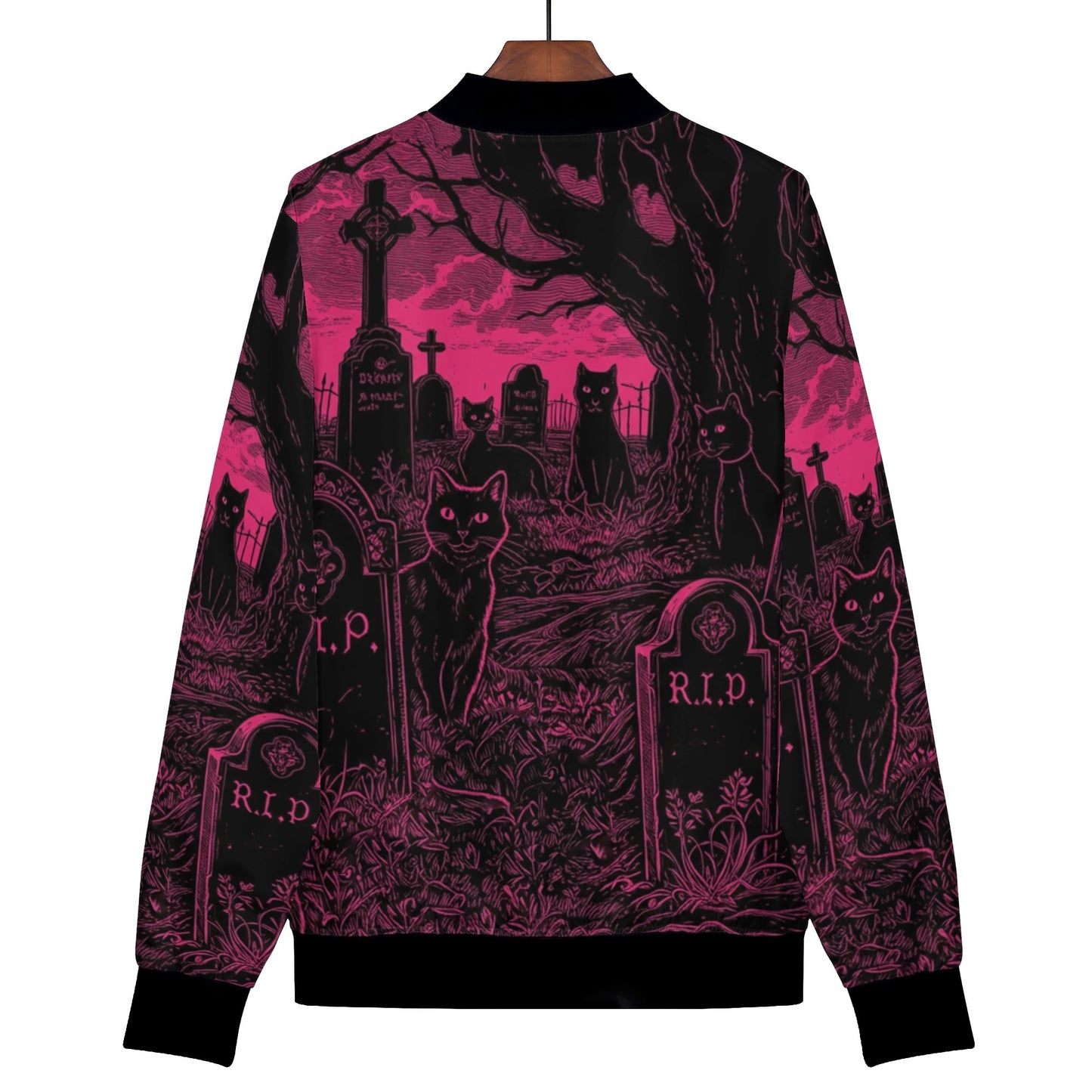 Pink and Black Cats in Graveyard Zip Up Bomber Jacket