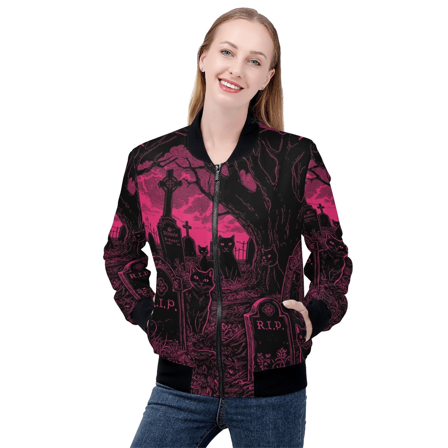 Pink and Black Cats in Graveyard Zip Up Bomber Jacket