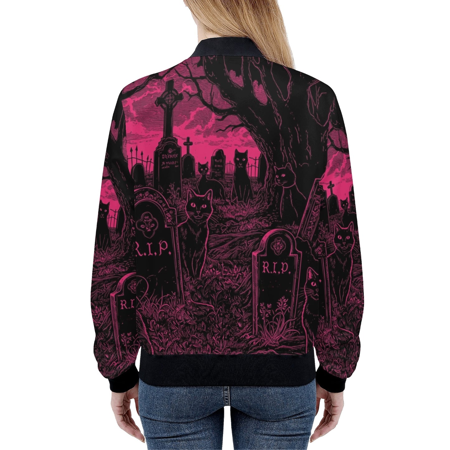 Pink and Black Cats in Graveyard Zip Up Bomber Jacket