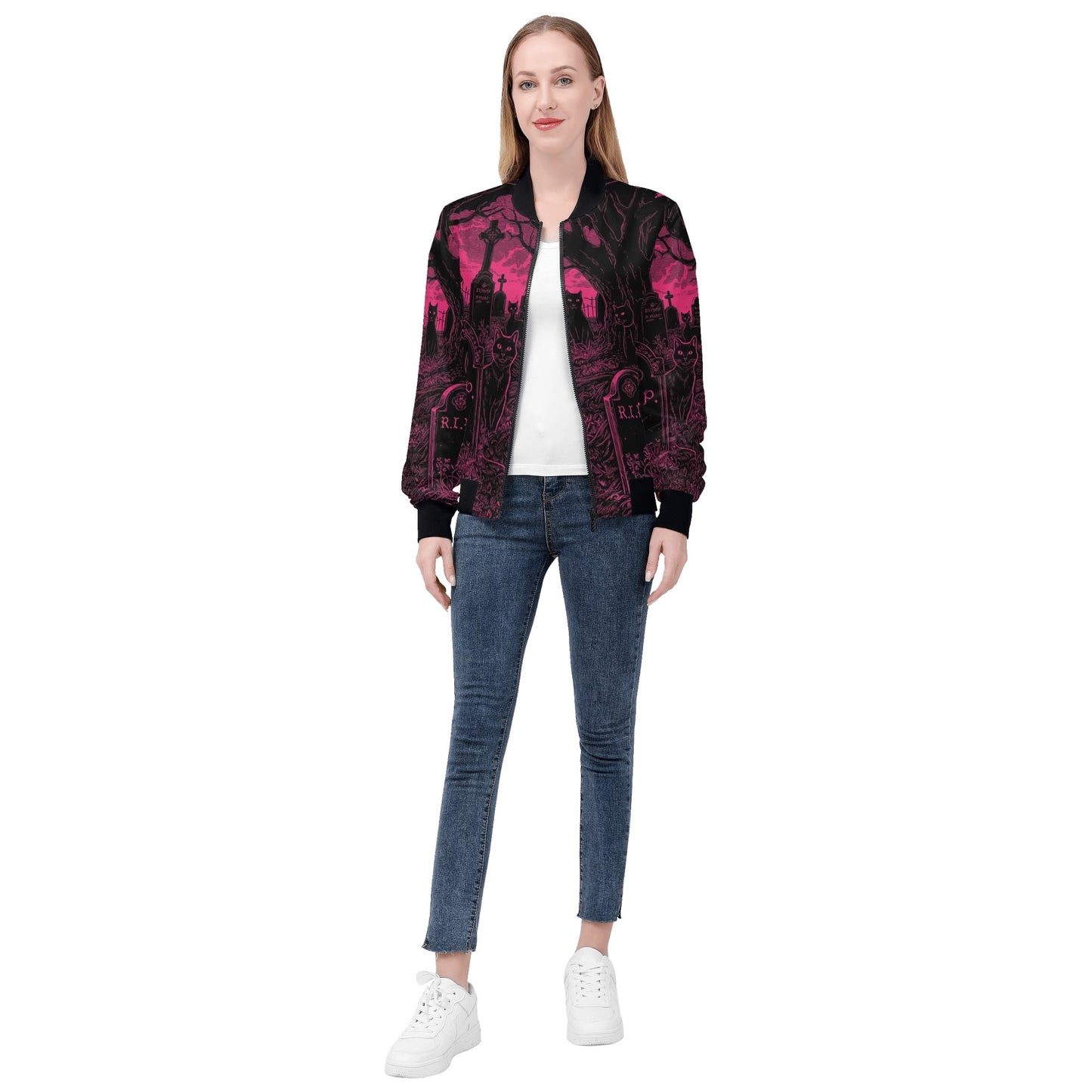 Pink and Black Cats in Graveyard Zip Up Bomber Jacket
