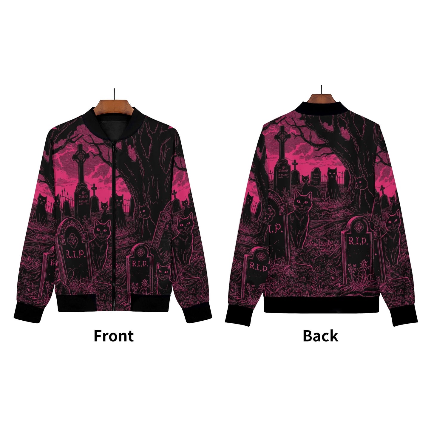 Pink and Black Cats in Graveyard Zip Up Bomber Jacket