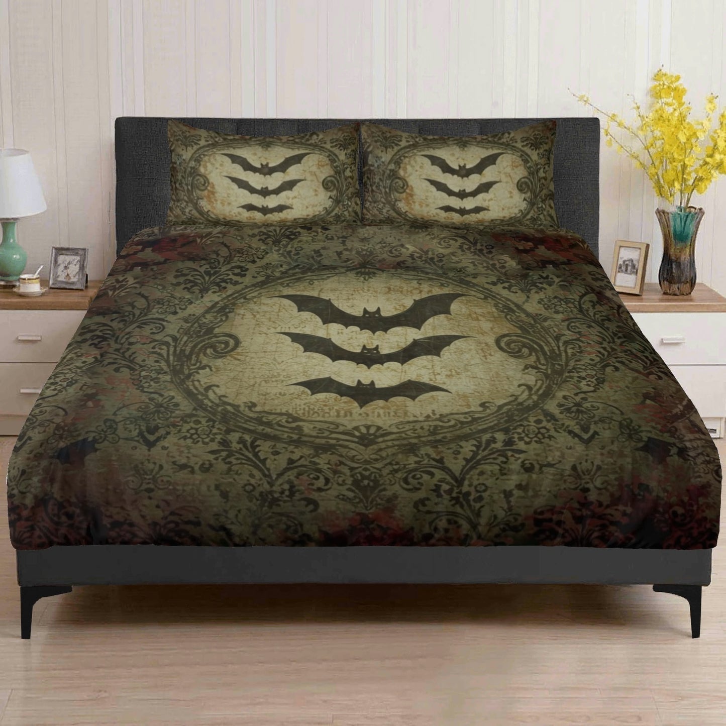 Bats and Damask Baroque Vintage Inspired Three Piece Bedding Set