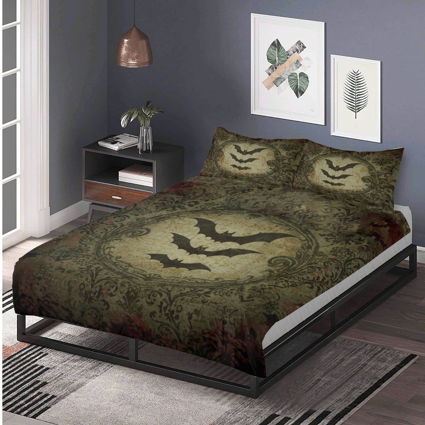 Bats and Damask Baroque Vintage Inspired Three Piece Bedding Set