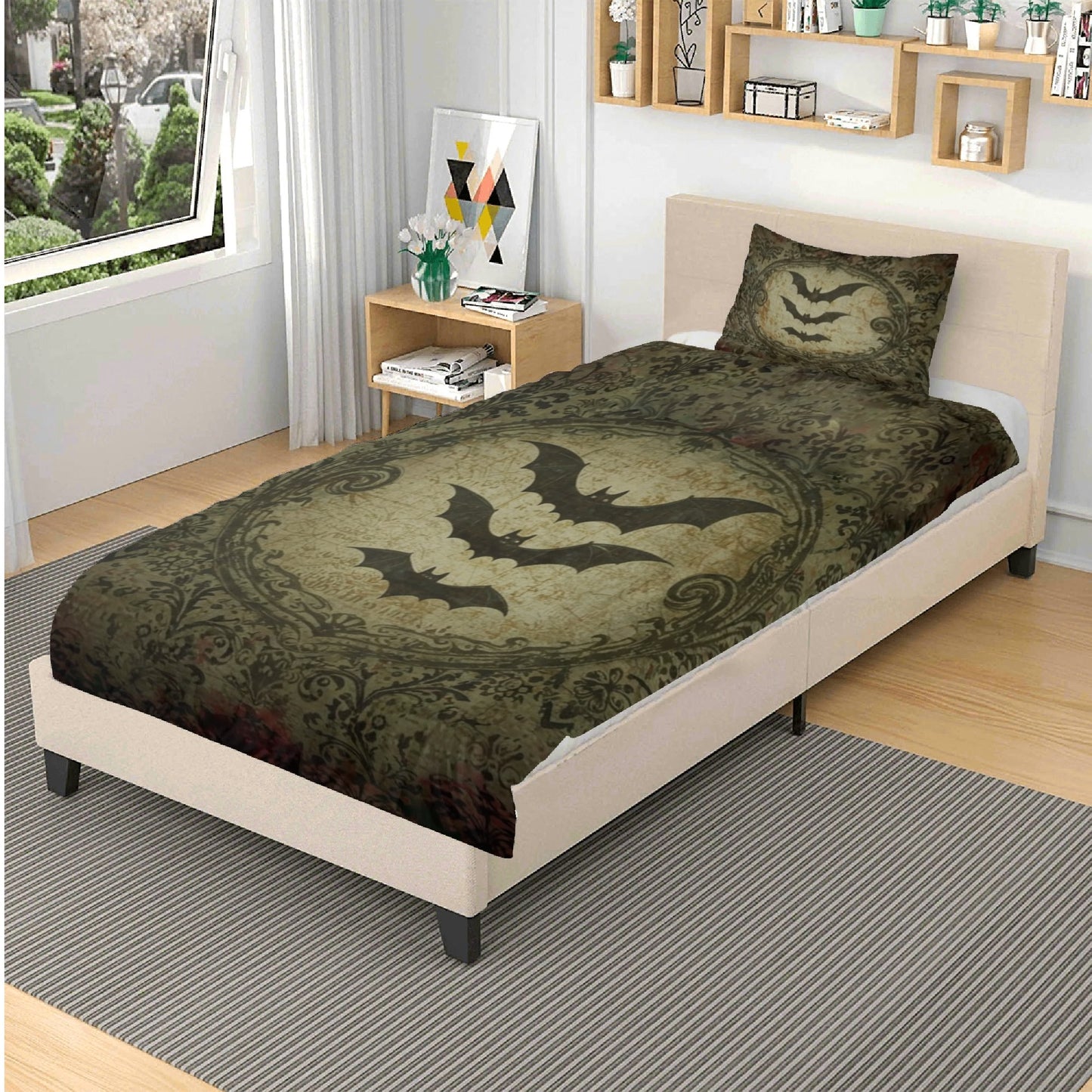 Bats and Damask Baroque Vintage Inspired Three Piece Bedding Set