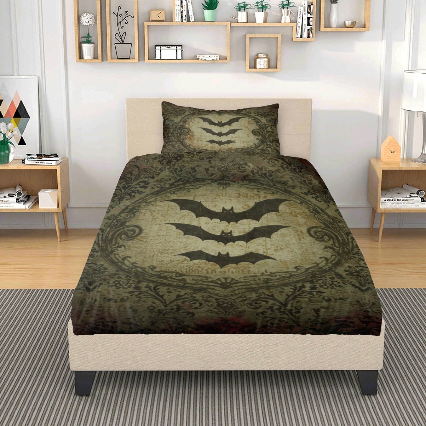 Bats and Damask Baroque Vintage Inspired Three Piece Bedding Set