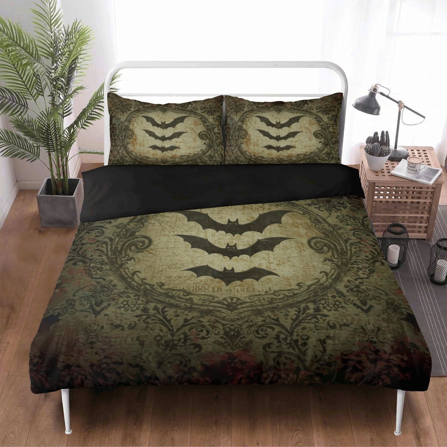 Bats and Damask Baroque Vintage Inspired Three Piece Bedding Set