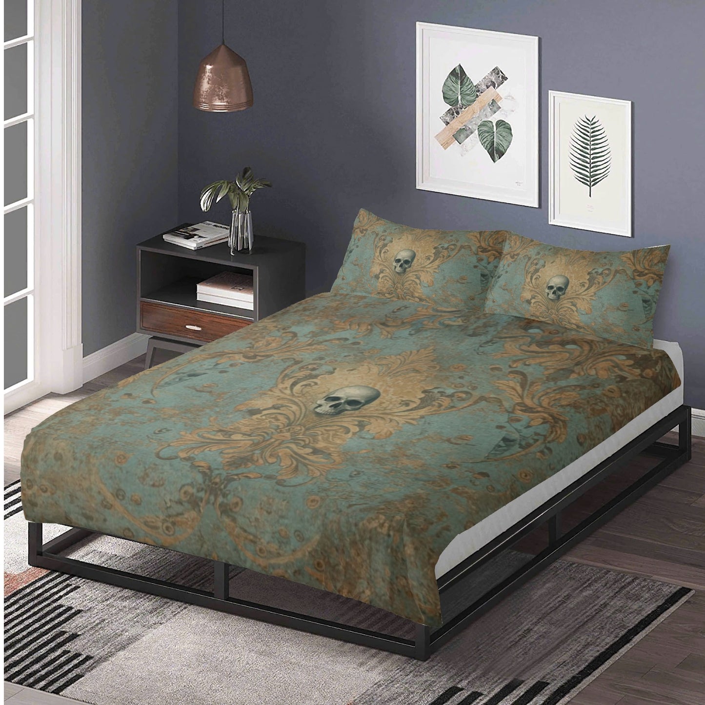 Skulls and Damask Baroque Vintage Inspired Three Piece Bedding Set