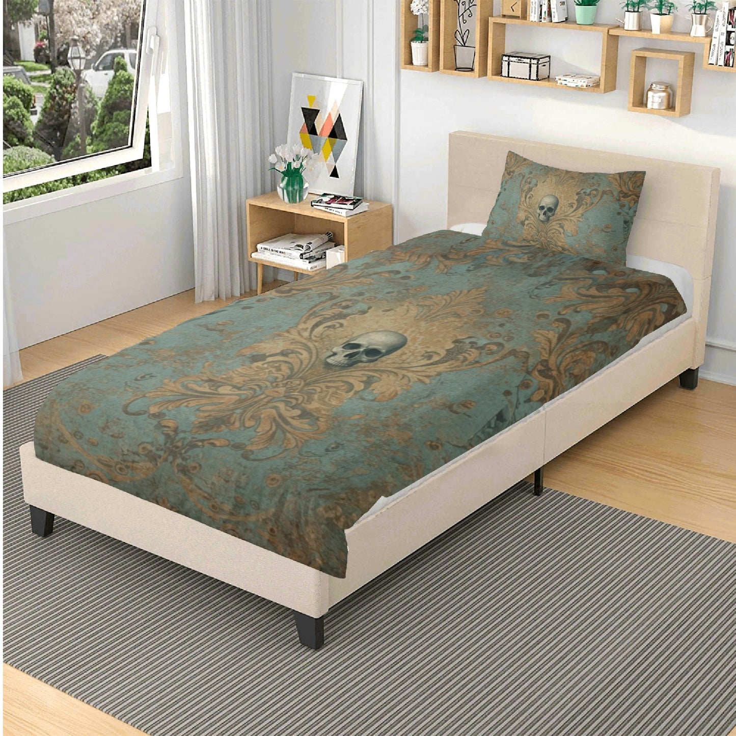Skulls and Damask Baroque Vintage Inspired Three Piece Bedding Set