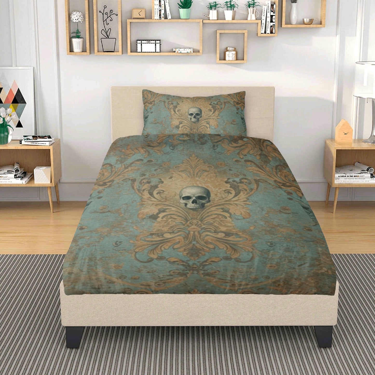 Skulls and Damask Baroque Vintage Inspired Three Piece Bedding Set