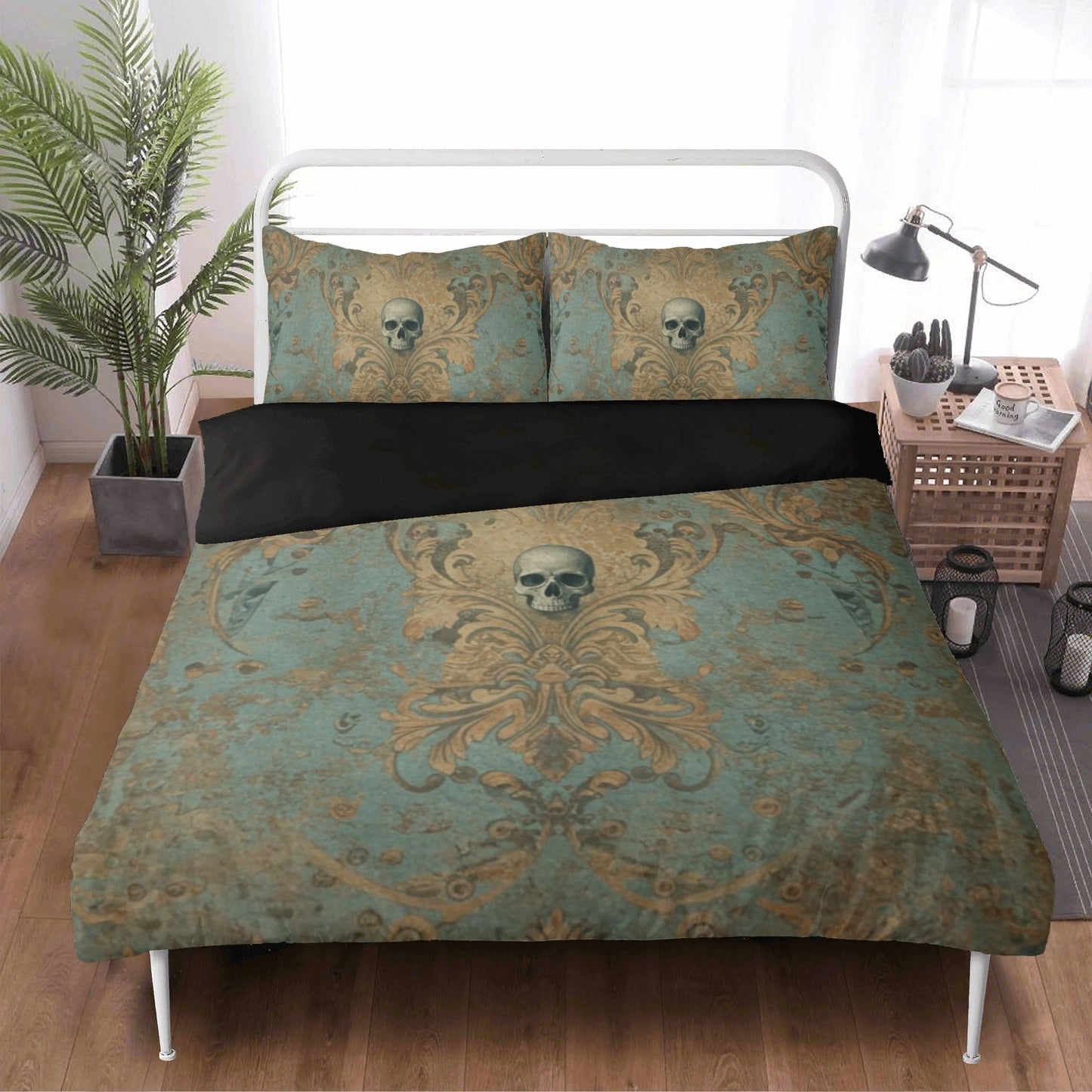 Skulls and Damask Baroque Vintage Inspired Three Piece Bedding Set