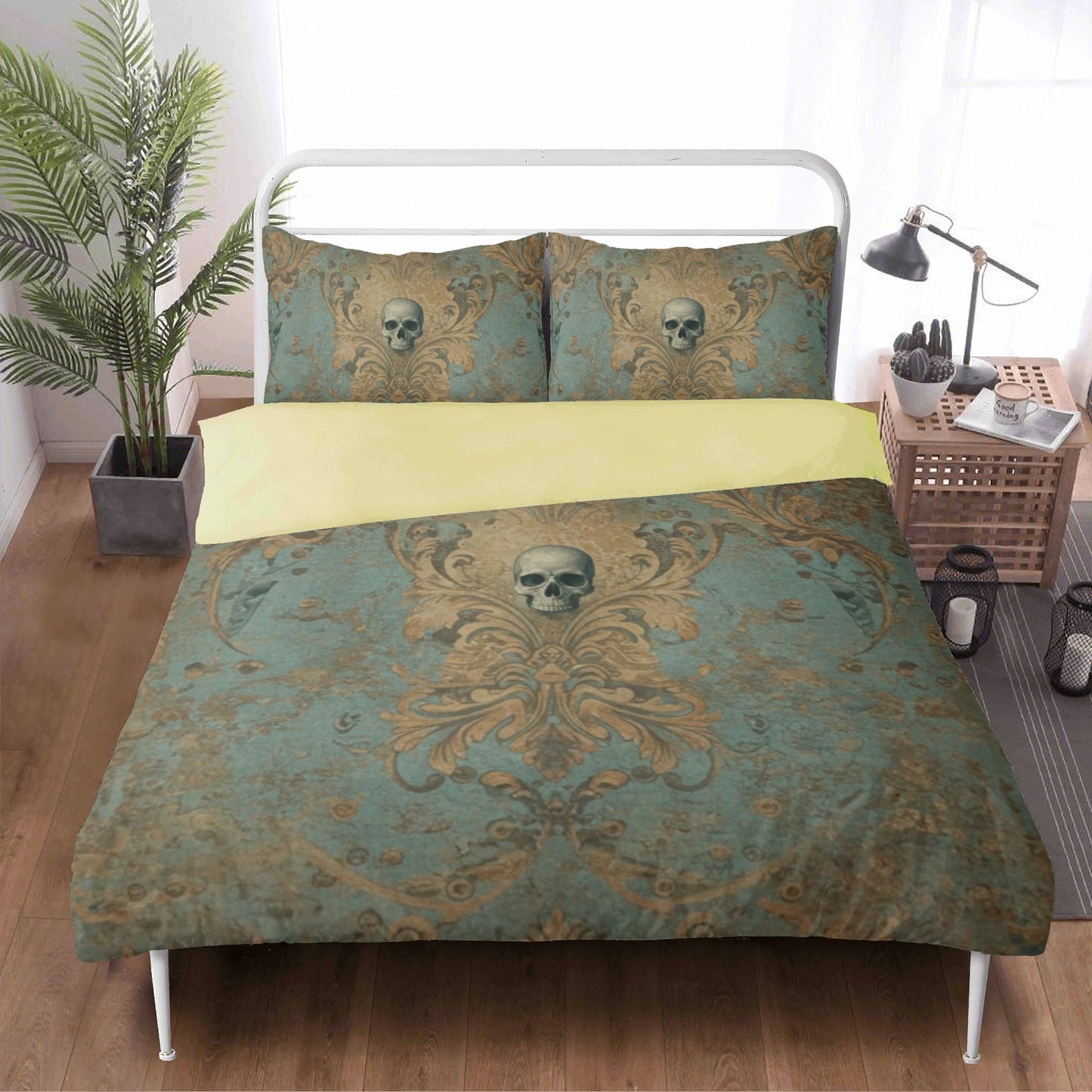 Skulls and Damask Baroque Vintage Inspired Three Piece Bedding Set
