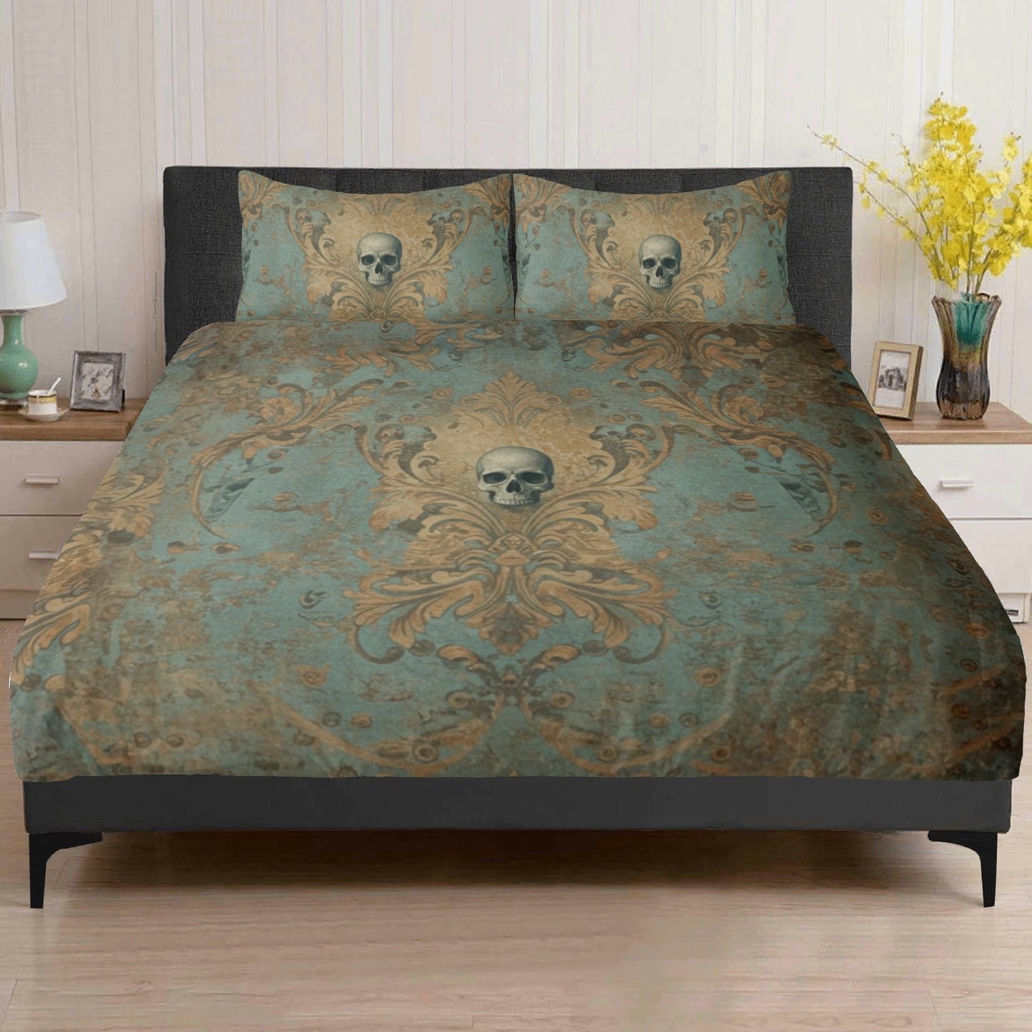 Skulls and Damask Baroque Vintage Inspired Three Piece Bedding Set