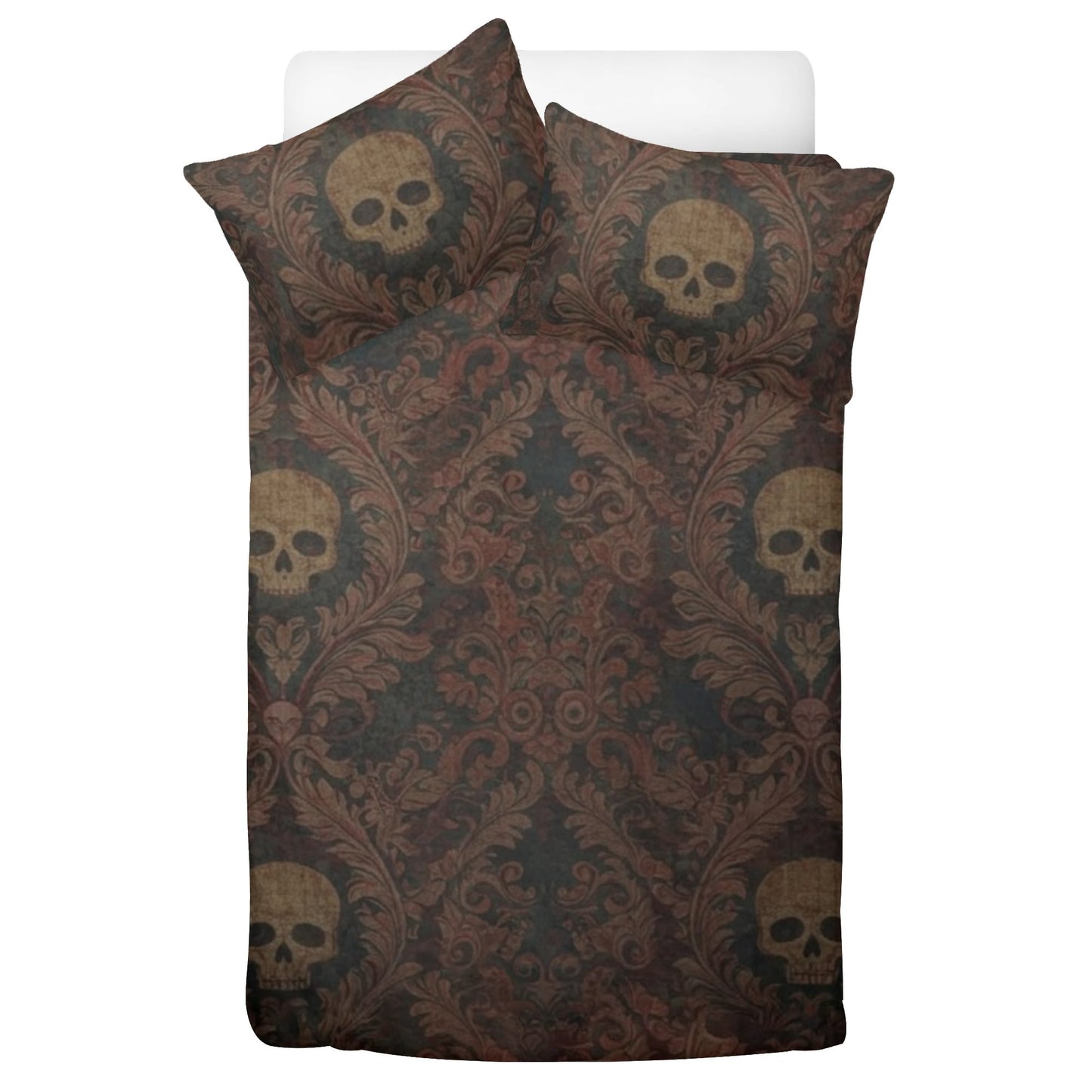 Skulls and Damask Baroque Three Piece Bedding Set