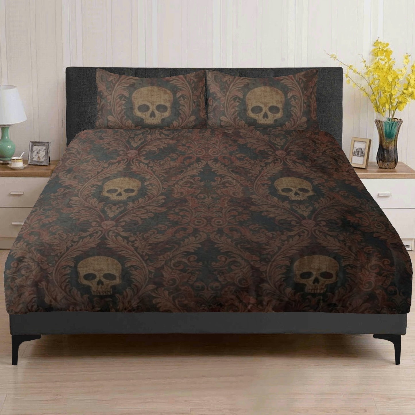 Skulls and Damask Baroque Three Piece Bedding Set