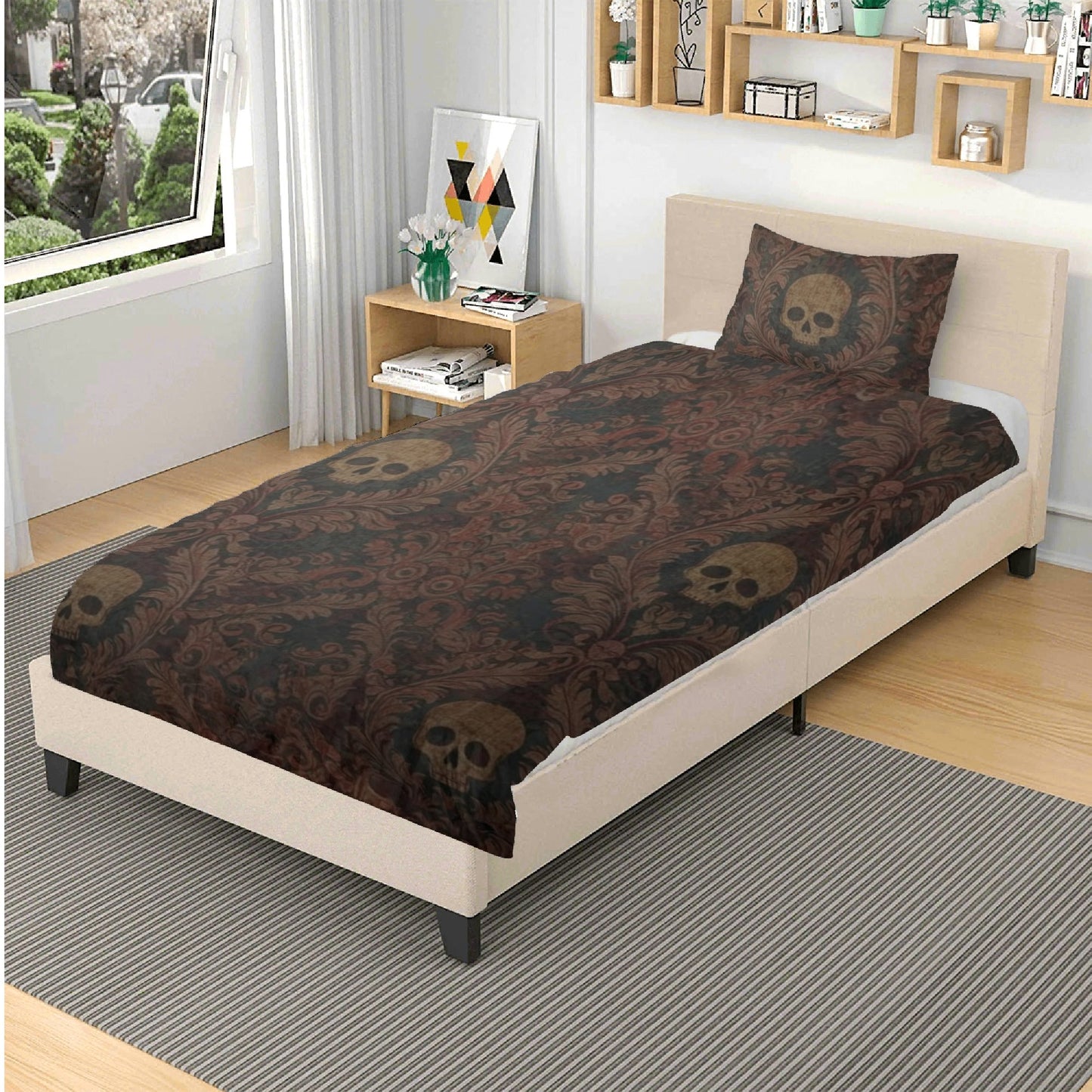 Skulls and Damask Baroque Three Piece Bedding Set