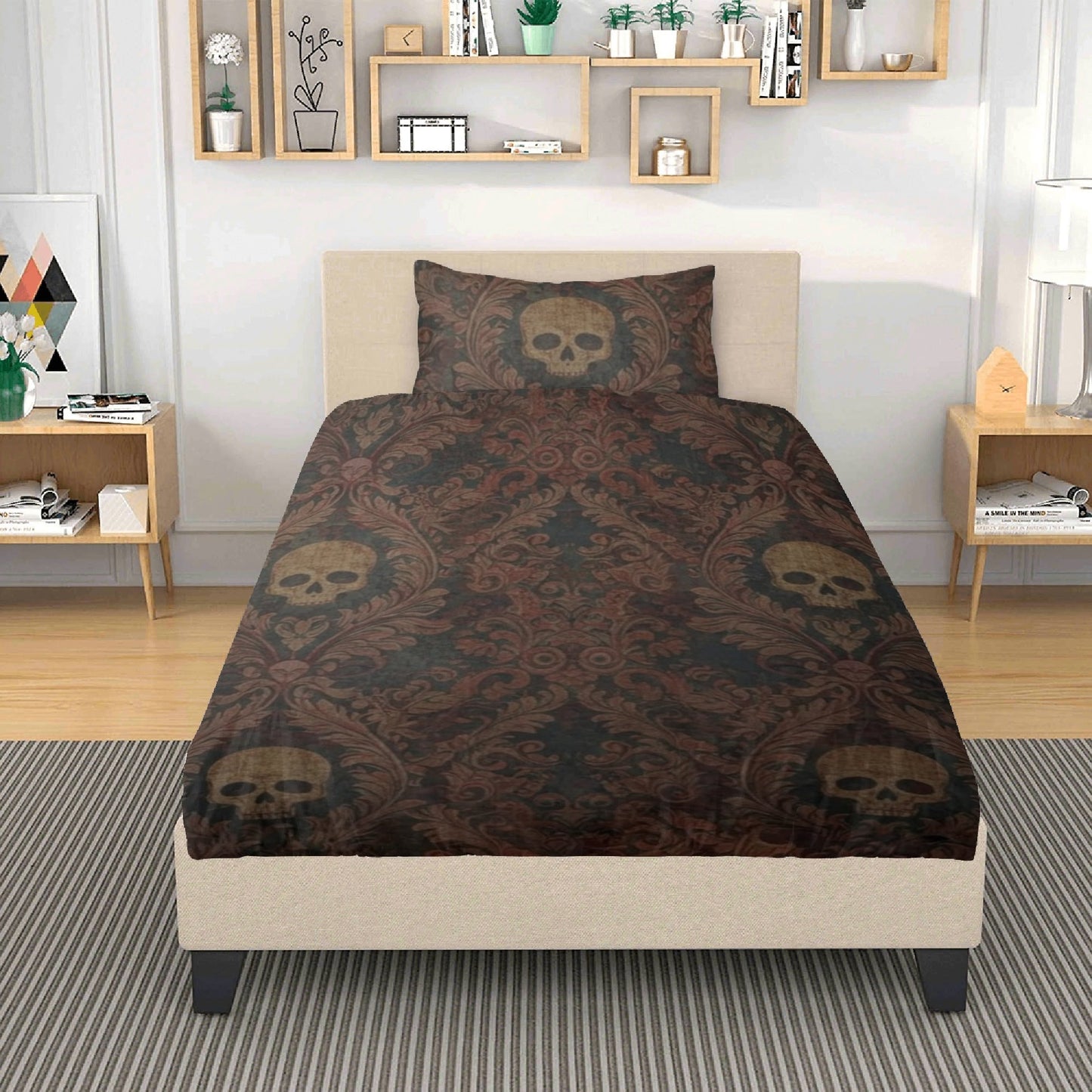 Skulls and Damask Baroque Three Piece Bedding Set