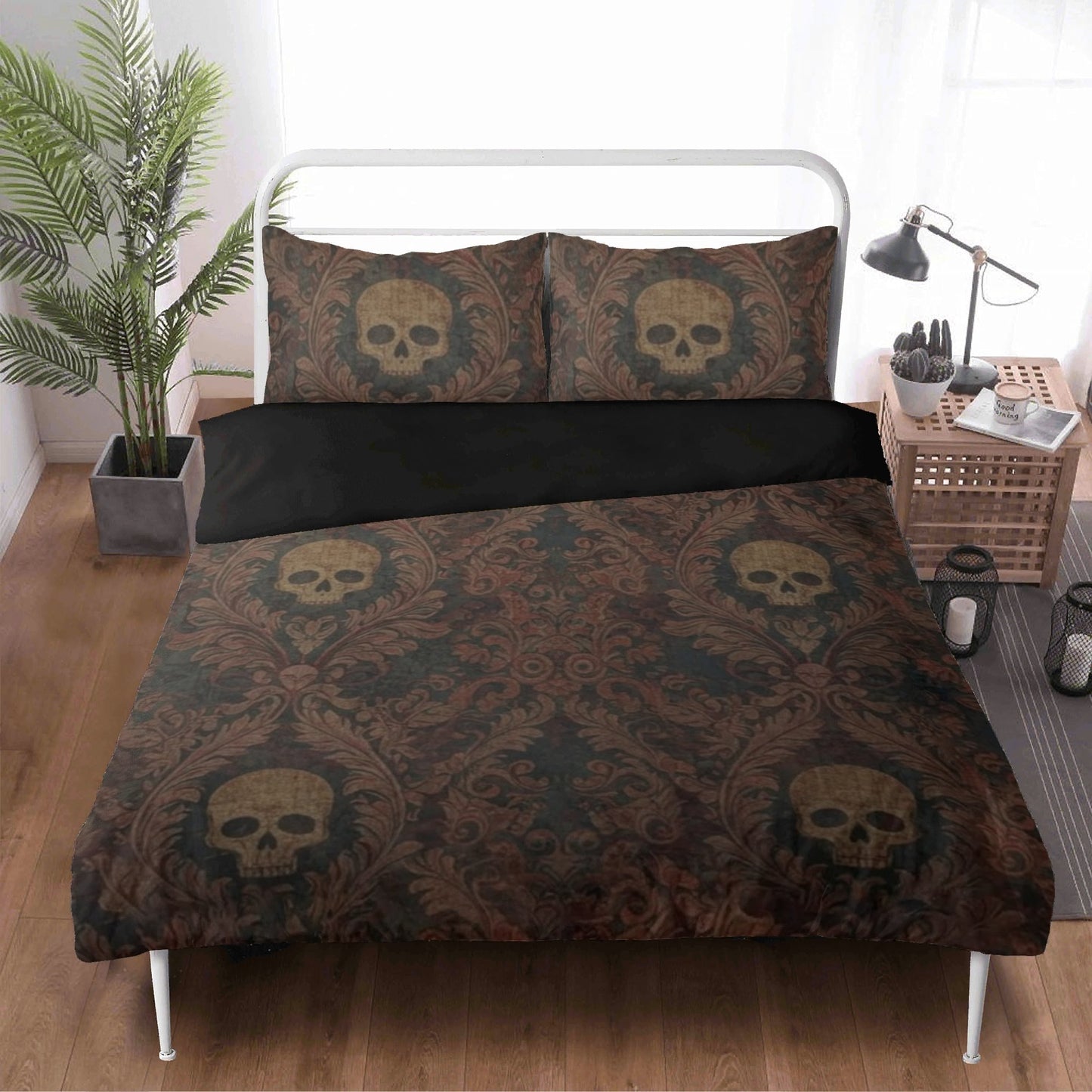 Skulls and Damask Baroque Three Piece Bedding Set
