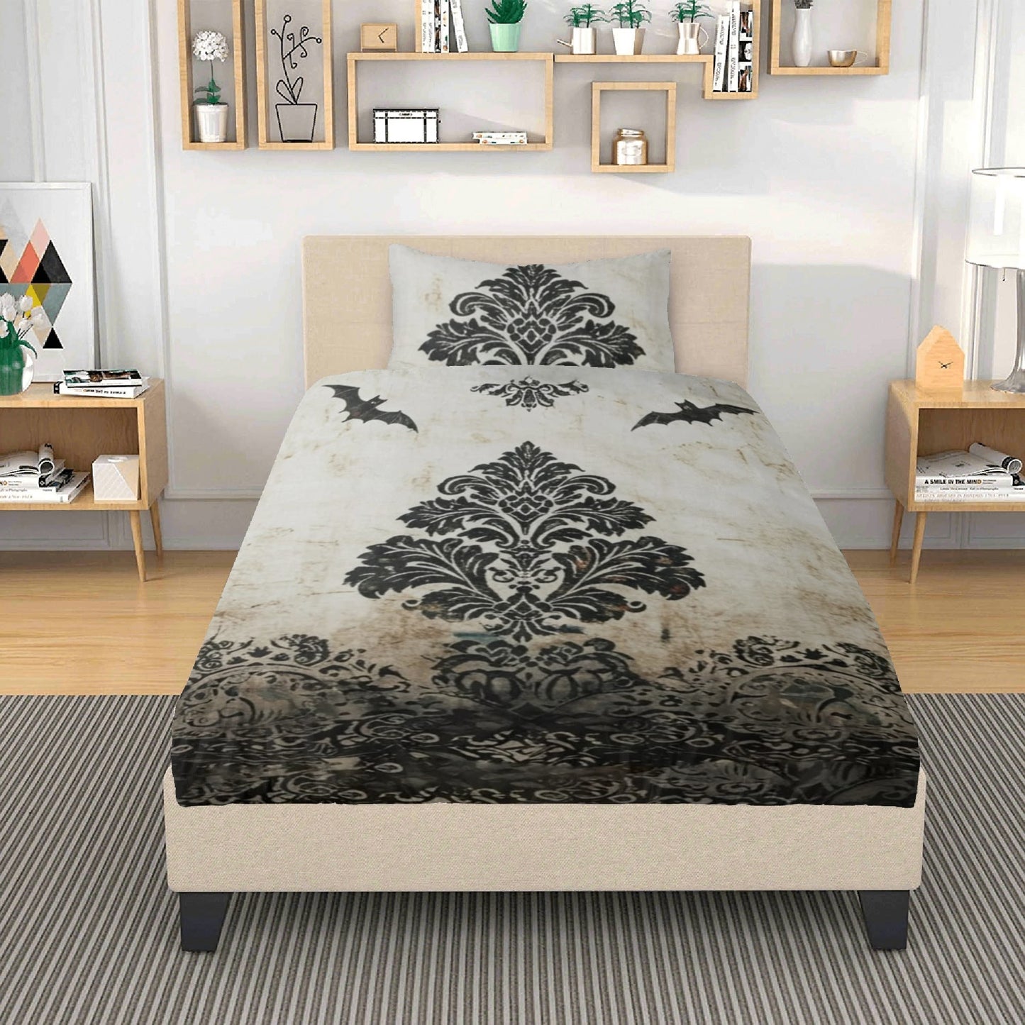 Faded Vintage Damask With Bats Three Piece Bedding Set