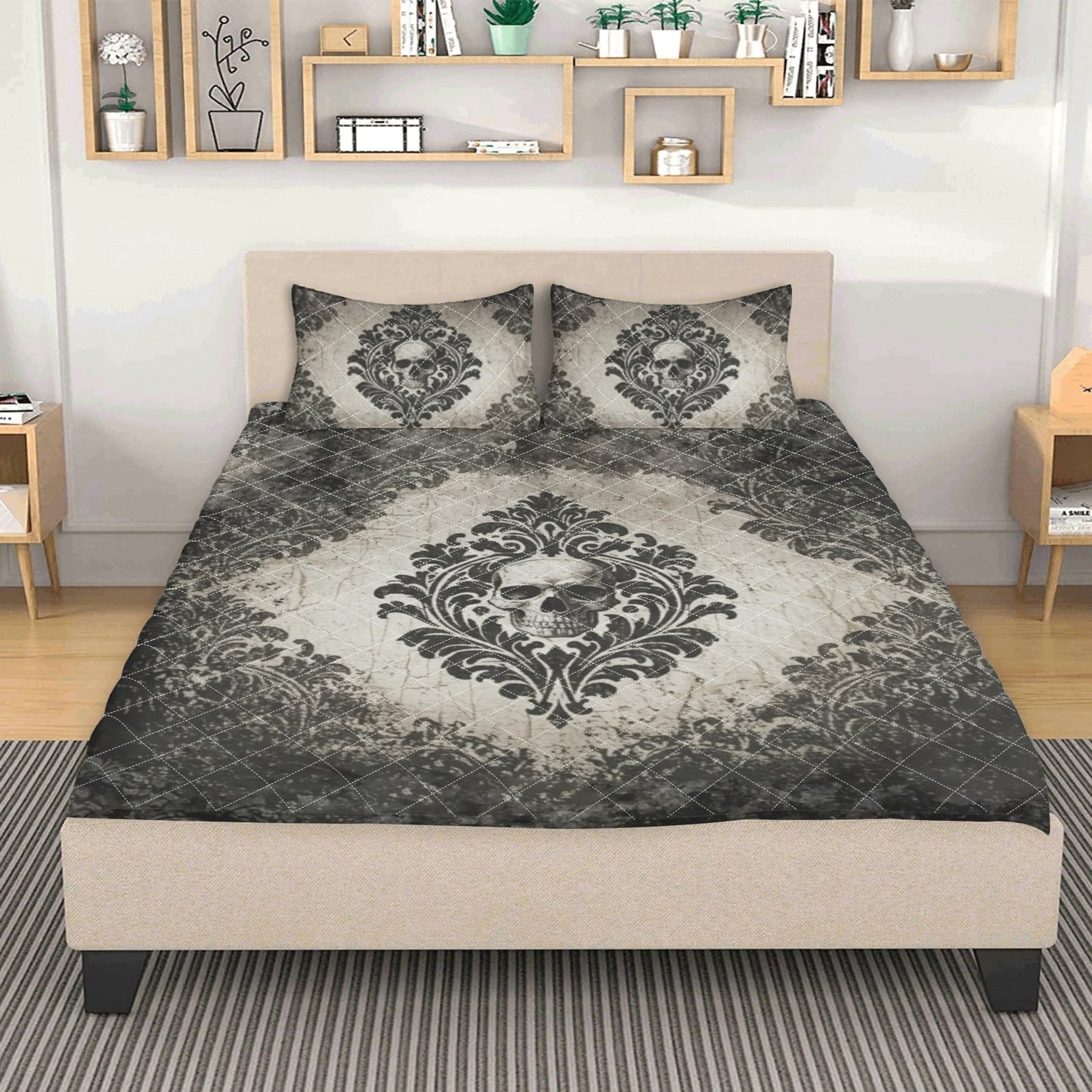 Vintage Damask With Skull Quilt Bedding Set