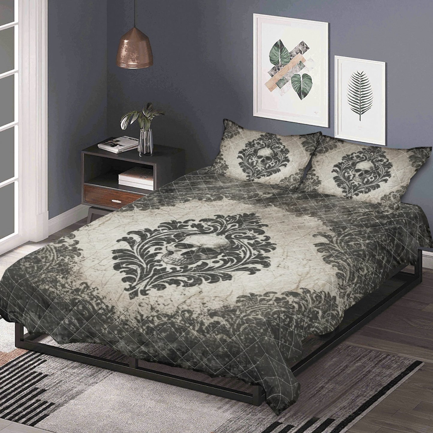 Vintage Damask With Skull Quilt Bedding Set
