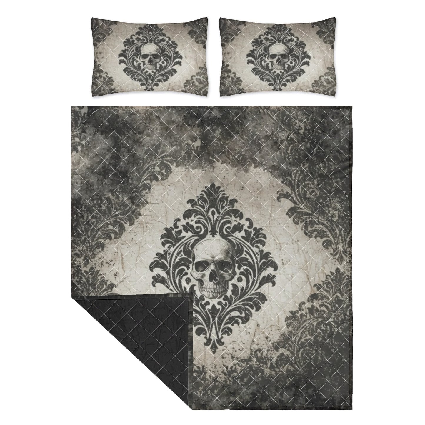 Vintage Damask With Skull Quilt Bedding Set