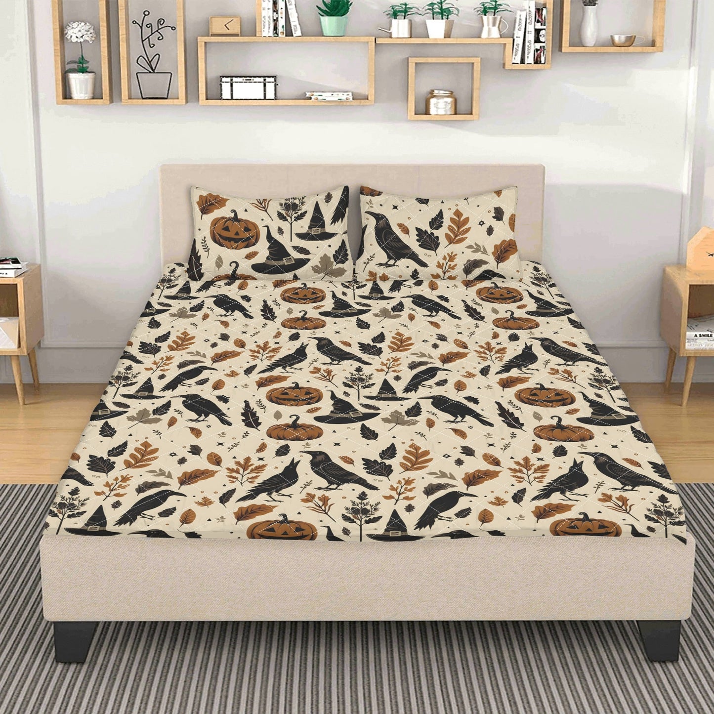 Ravens Pumpkins and Witch Hats Quilt Bedding Set