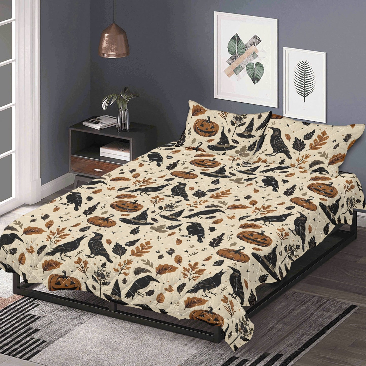 Ravens Pumpkins and Witch Hats Quilt Bedding Set