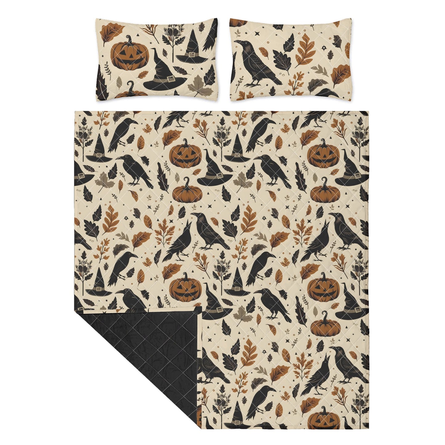 Ravens Pumpkins and Witch Hats Quilt Bedding Set