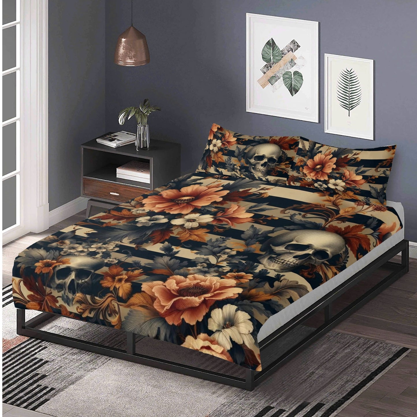 Floral Stripes and Skulls Three Piece Bedding Set