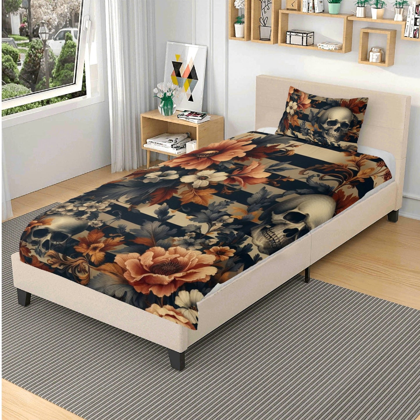 Floral Stripes and Skulls Three Piece Bedding Set