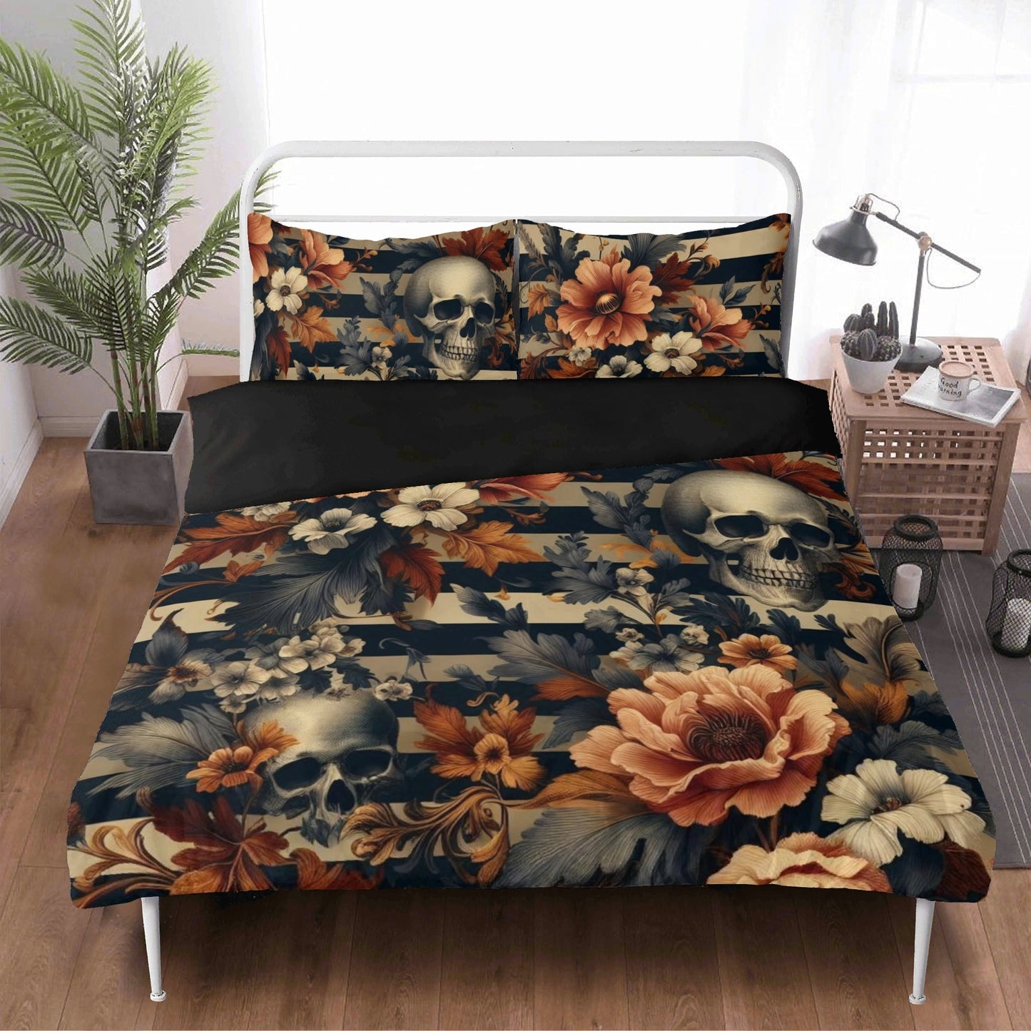 Floral Stripes and Skulls Three Piece Bedding Set