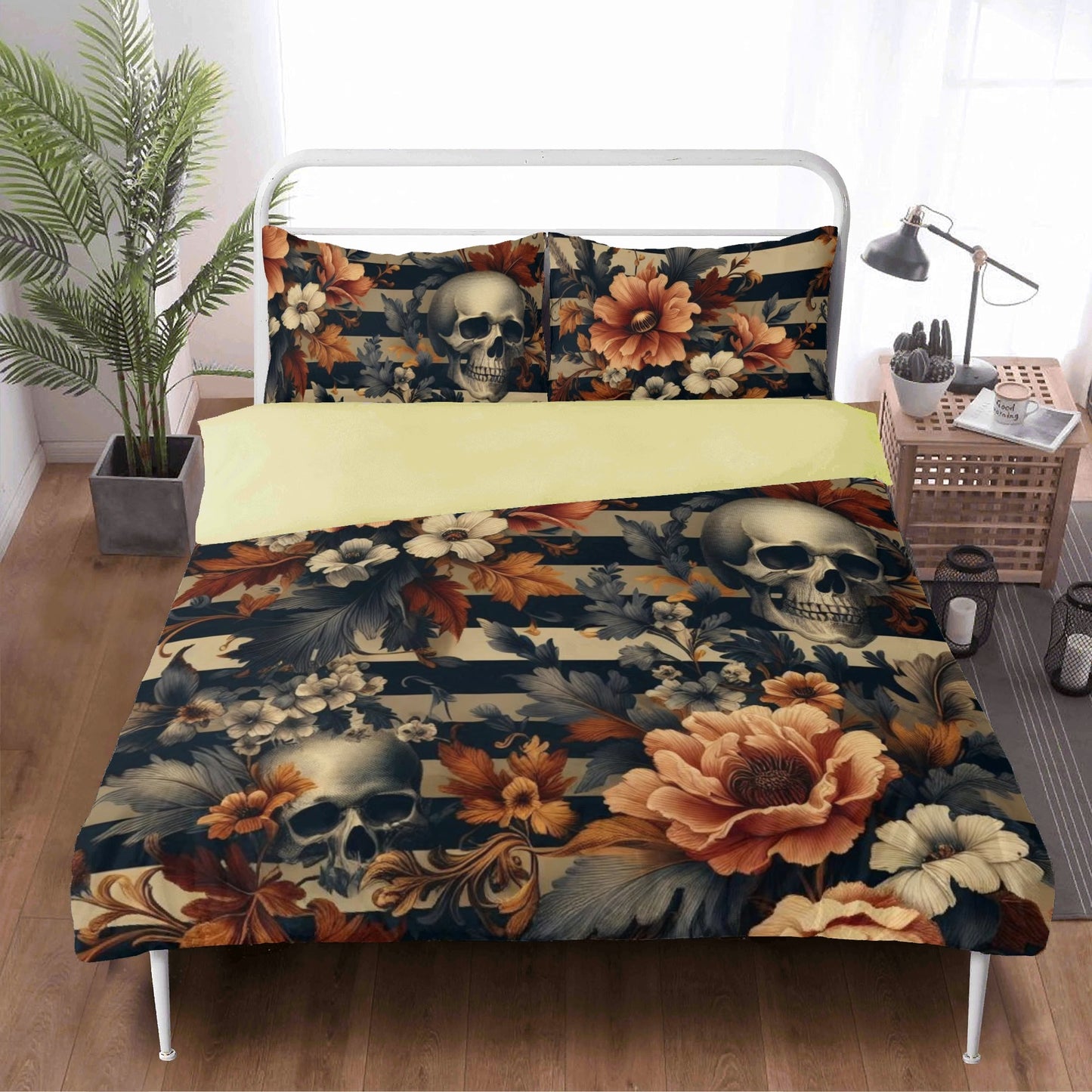 Floral Stripes and Skulls Three Piece Bedding Set