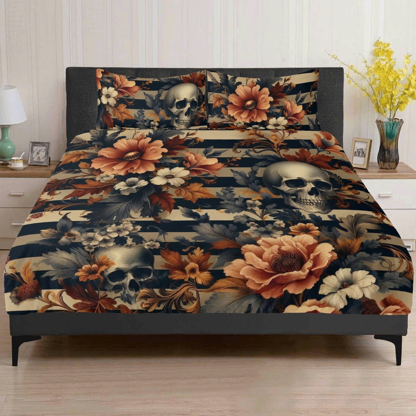 Floral Stripes and Skulls Three Piece Bedding Set