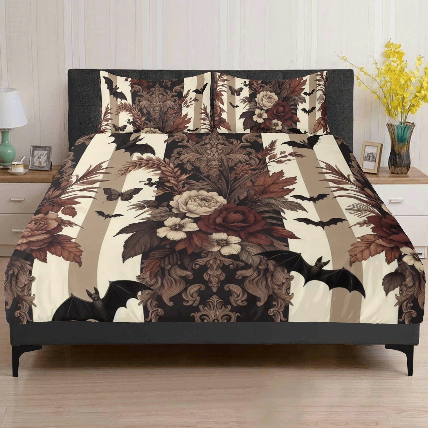 Autumn Florals Stripes and Bats Three Piece Bedding Set