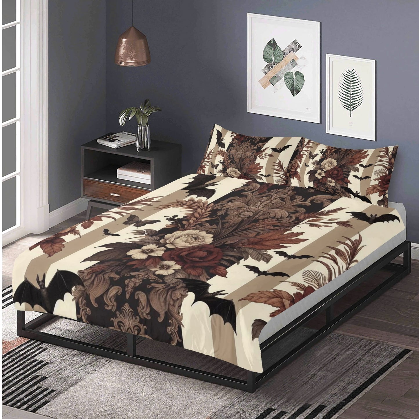 Autumn Florals Stripes and Bats Three Piece Bedding Set