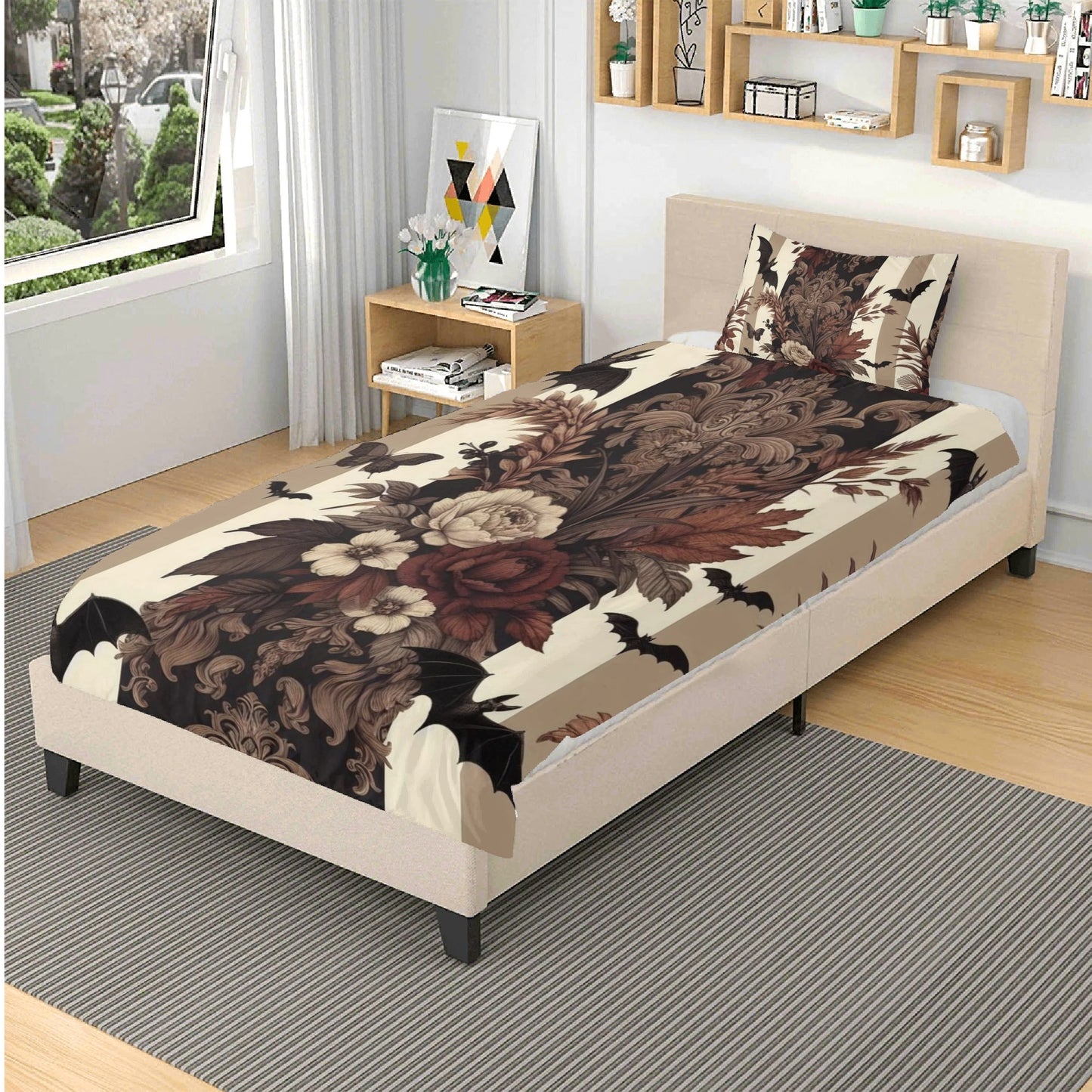 Autumn Florals Stripes and Bats Three Piece Bedding Set