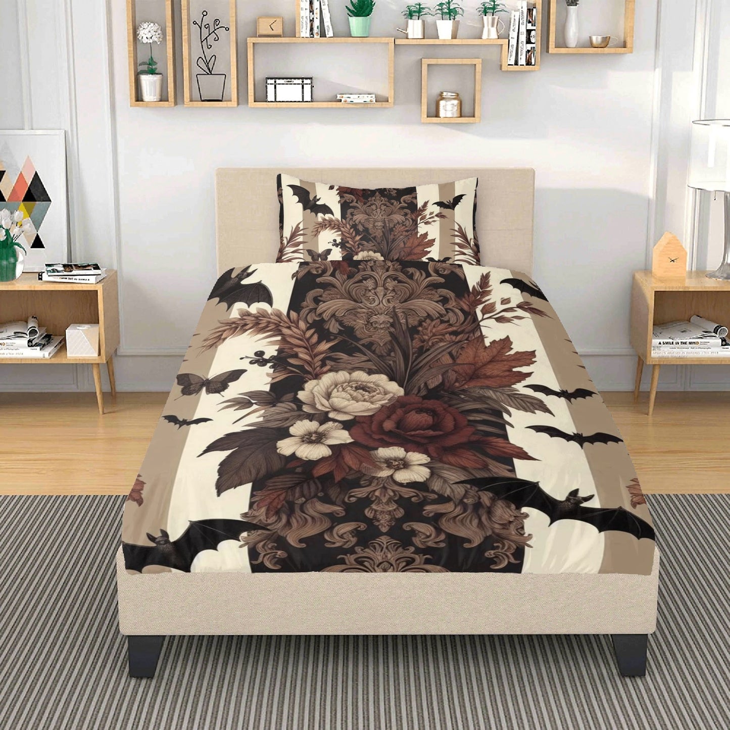 Autumn Florals Stripes and Bats Three Piece Bedding Set