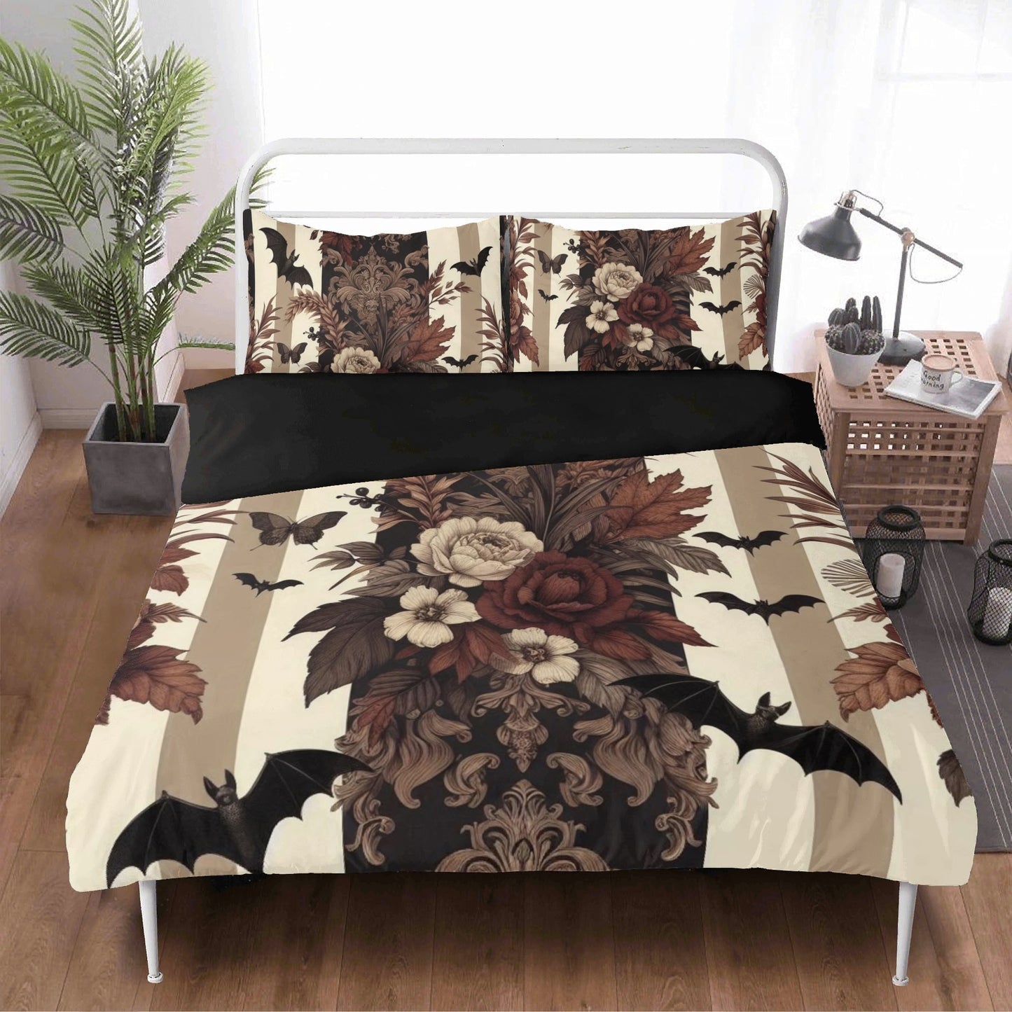 Autumn Florals Stripes and Bats Three Piece Bedding Set