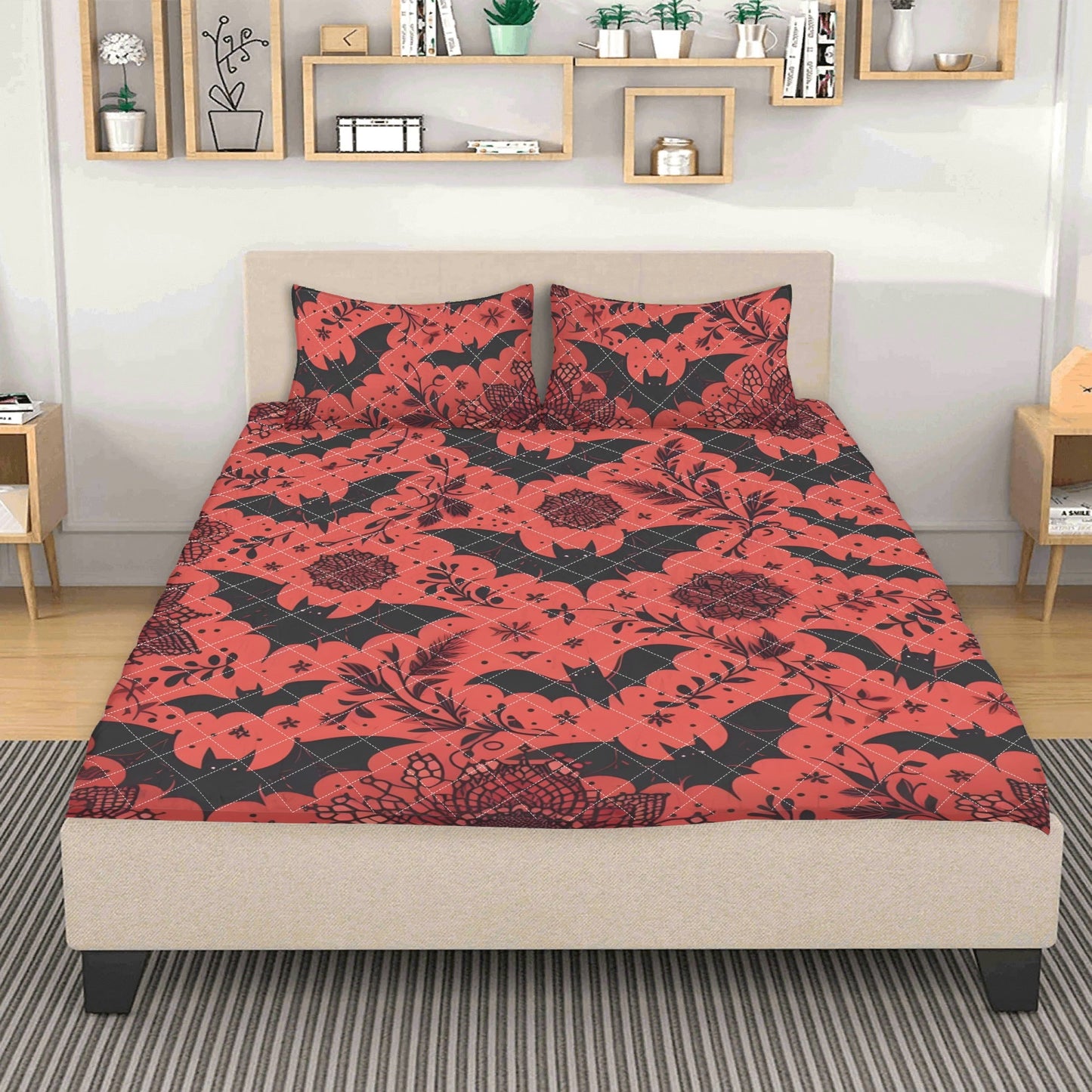 Red Florals and Bats Quilt Bedding Set