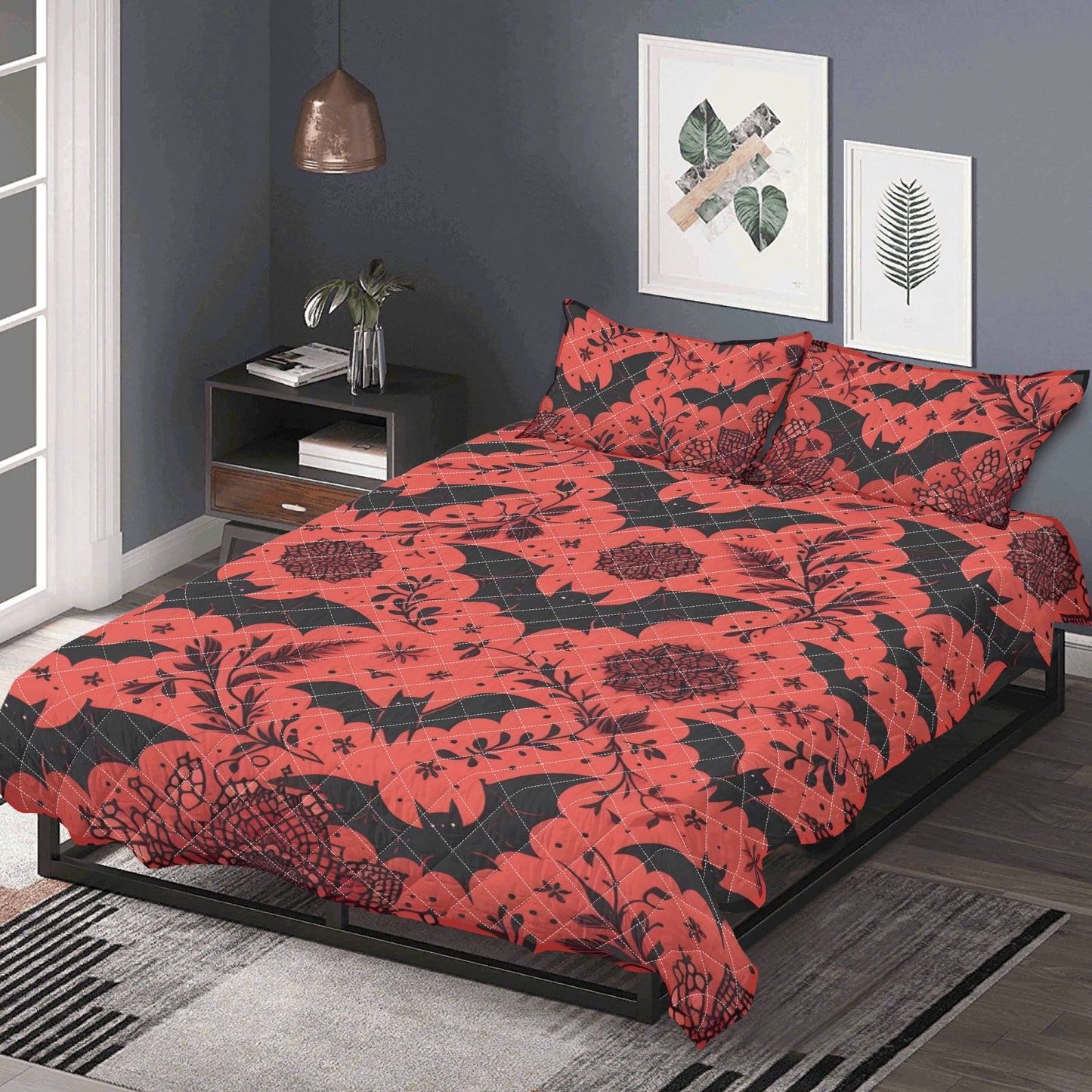 Red Florals and Bats Quilt Bedding Set