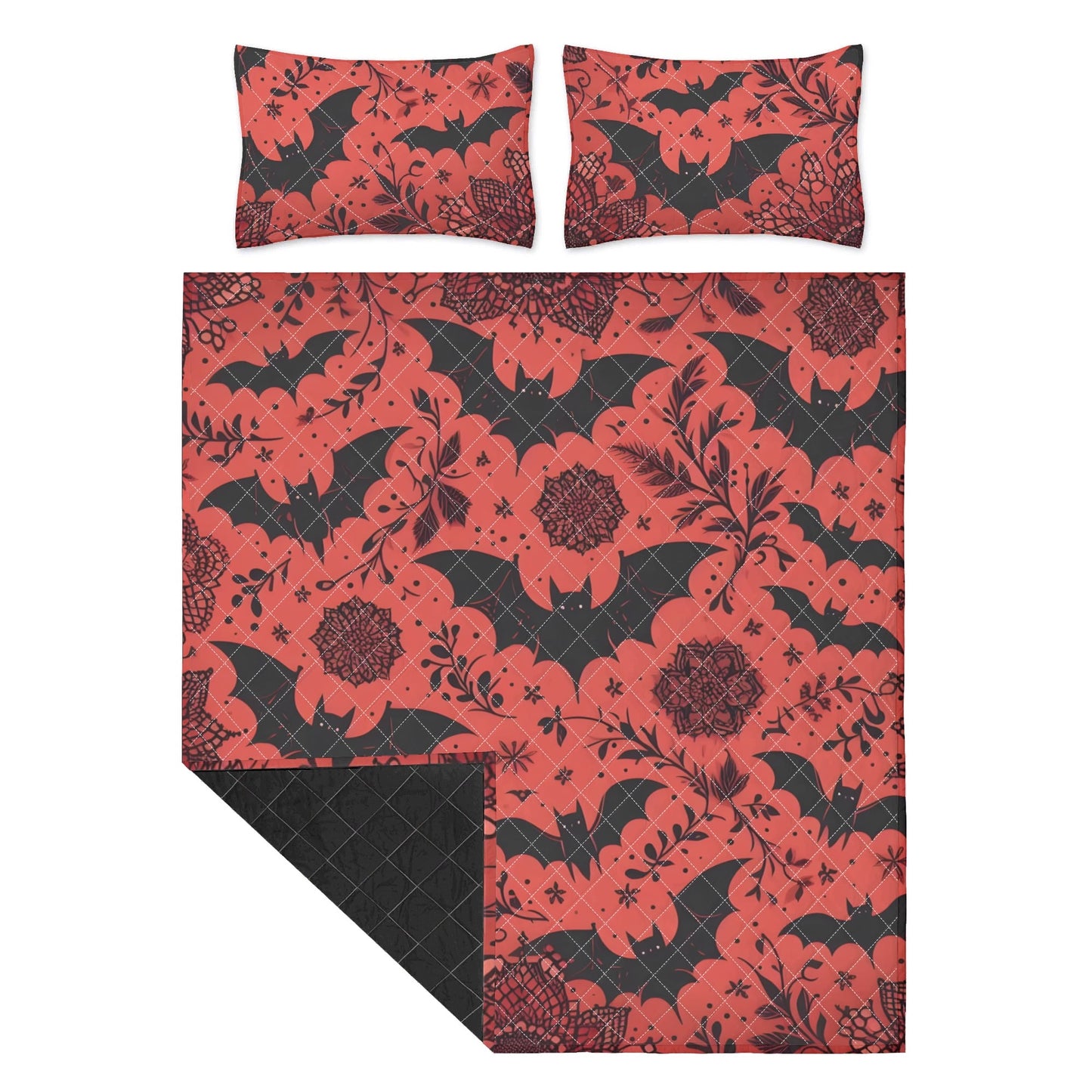 Red Florals and Bats Quilt Bedding Set