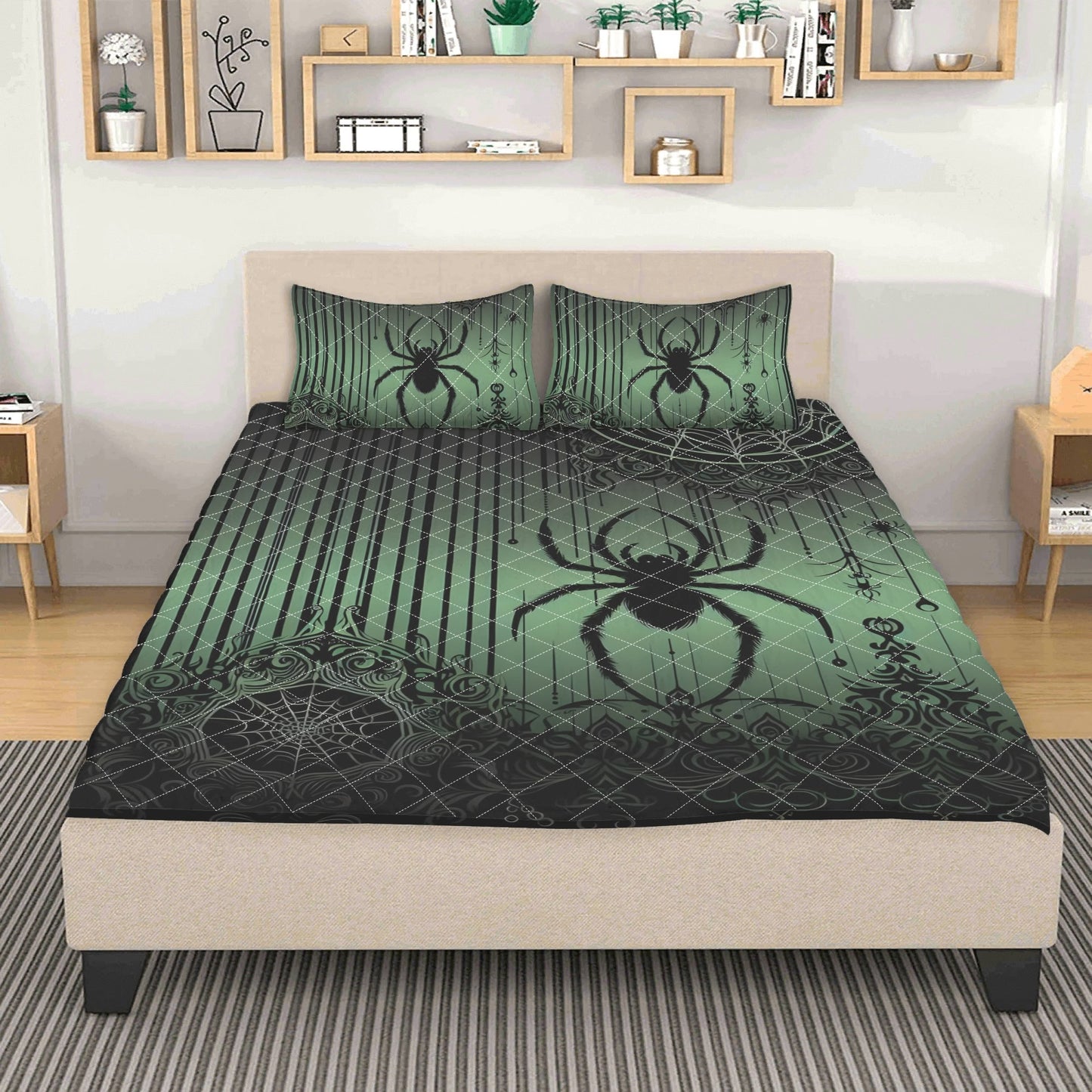 Spiders and Stripes Green Quilt Bedding Set