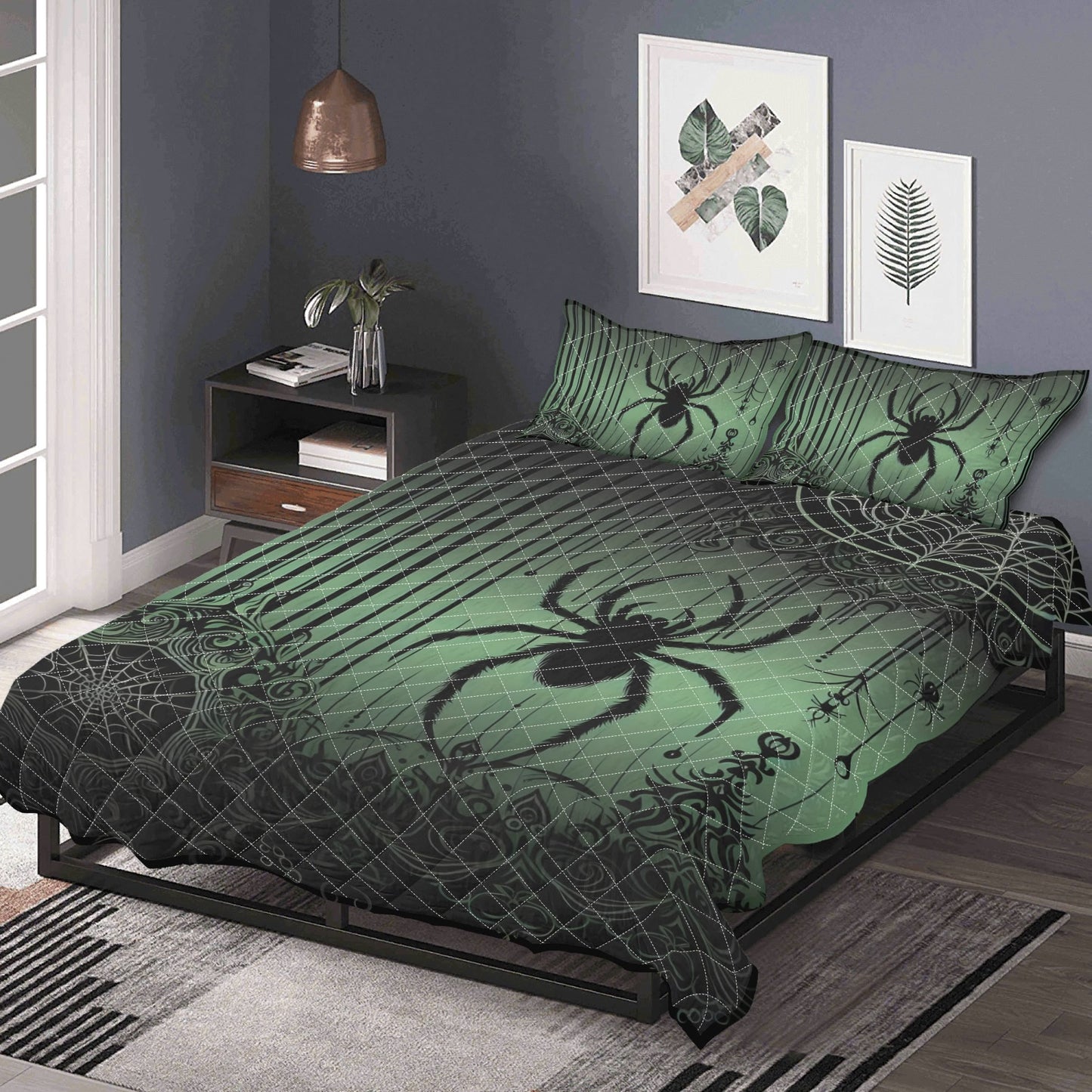 Spiders and Stripes Green Quilt Bedding Set
