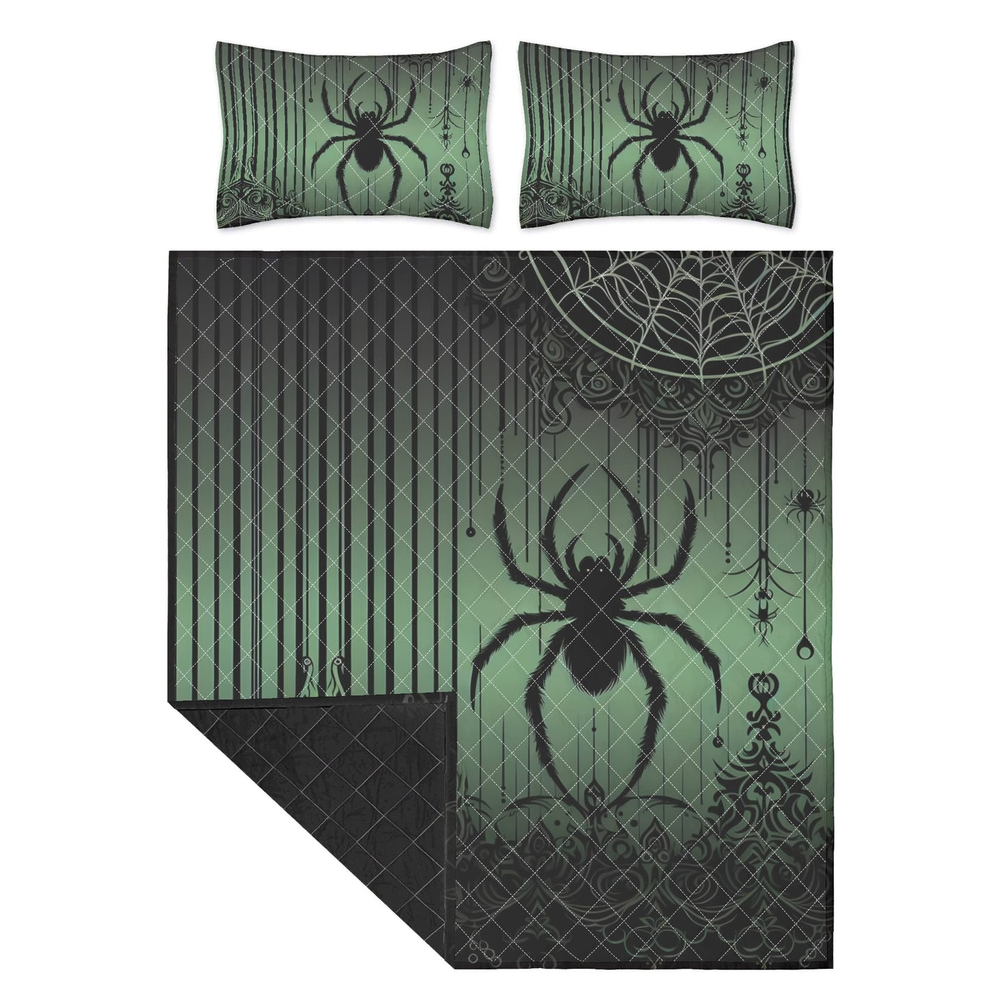 Spiders and Stripes Green Quilt Bedding Set