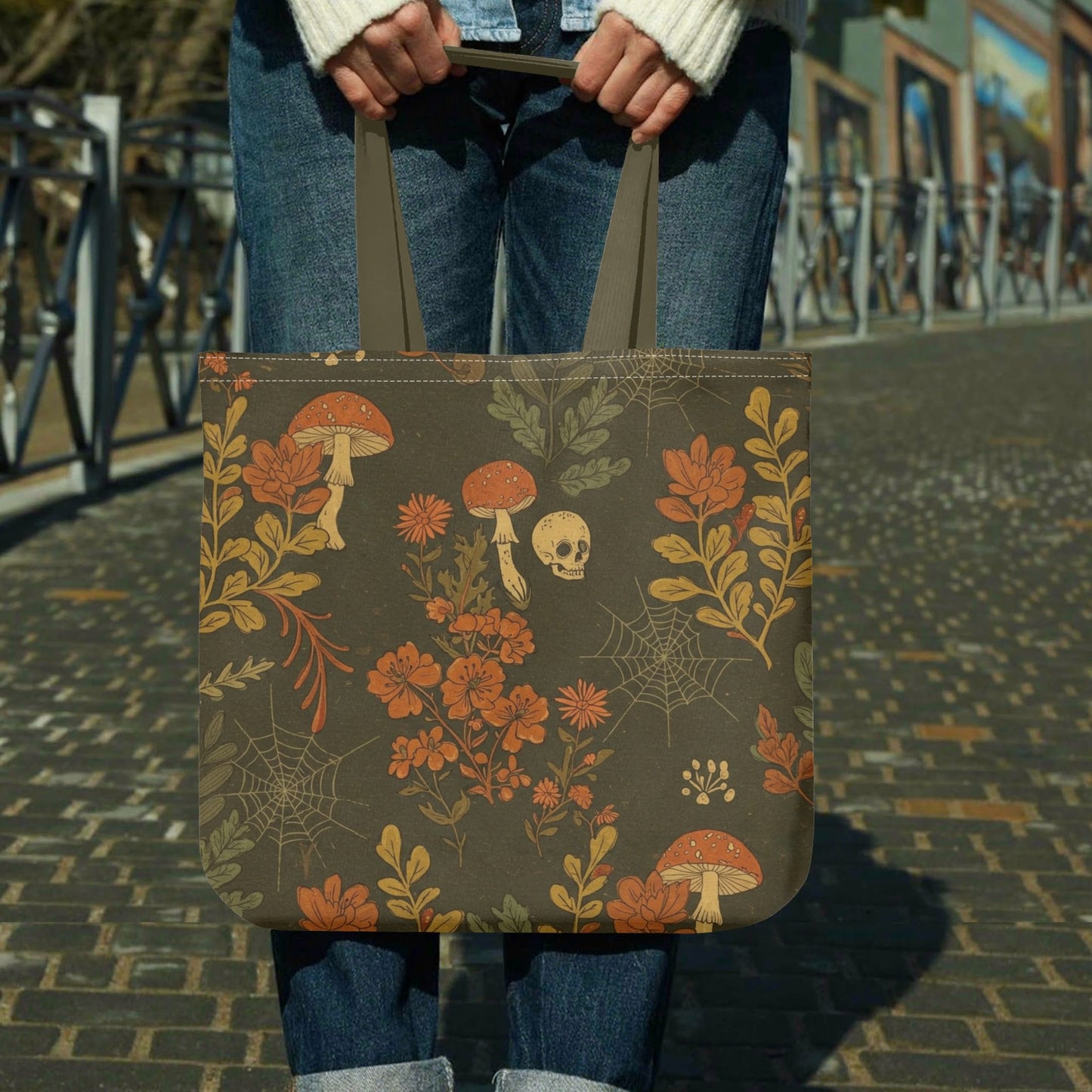 Skulls Flowers and Mushrooms Tote Bag