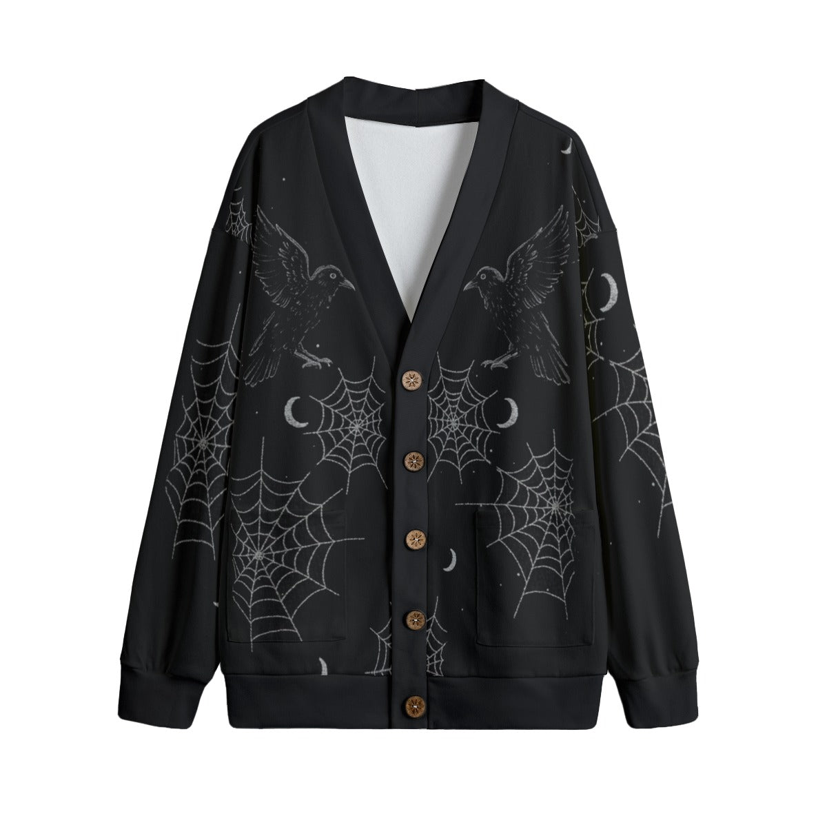 Ravens Moons and Spiderwebs V-neck Button Up Cardigan