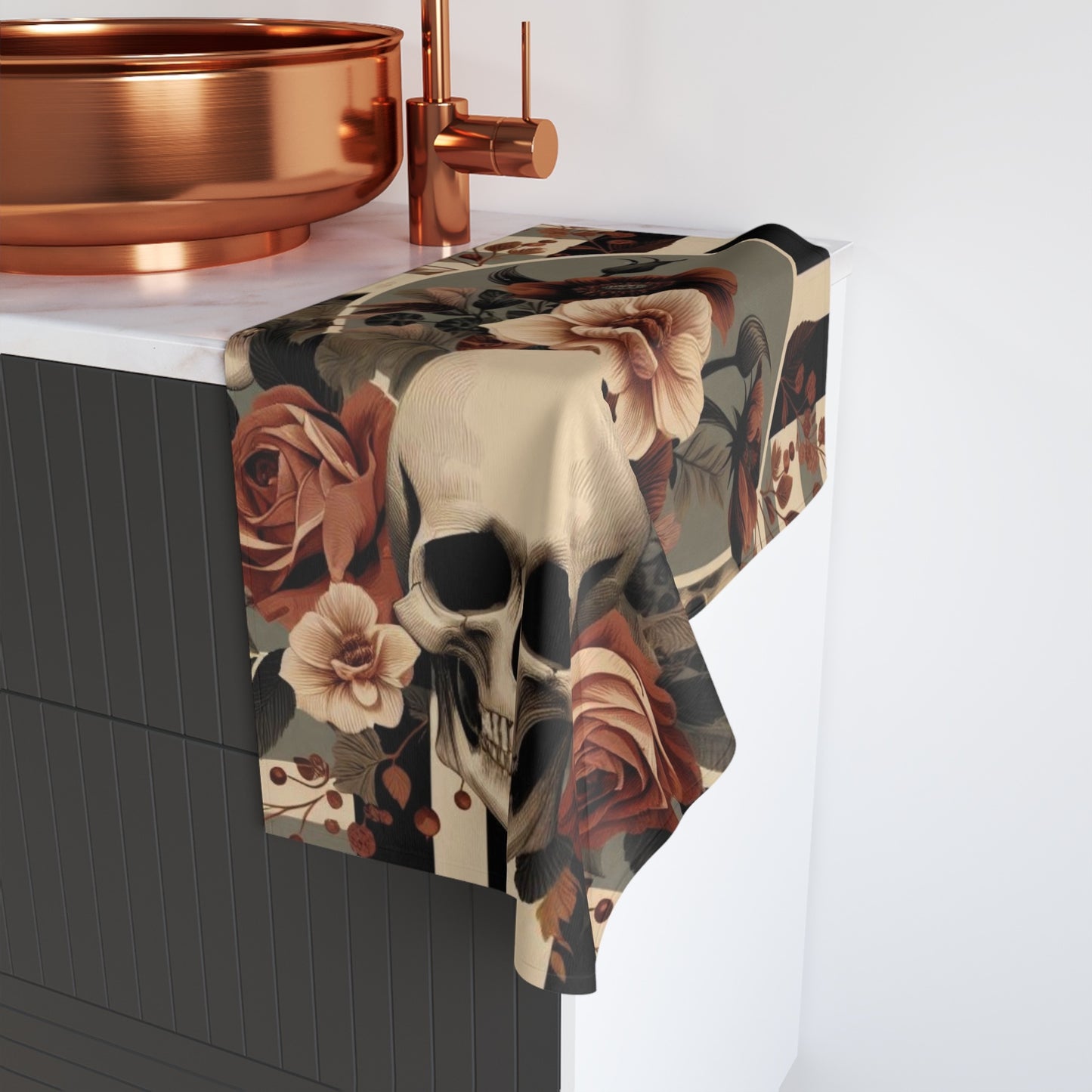 Stripes Roses and Skulls Hand Towel