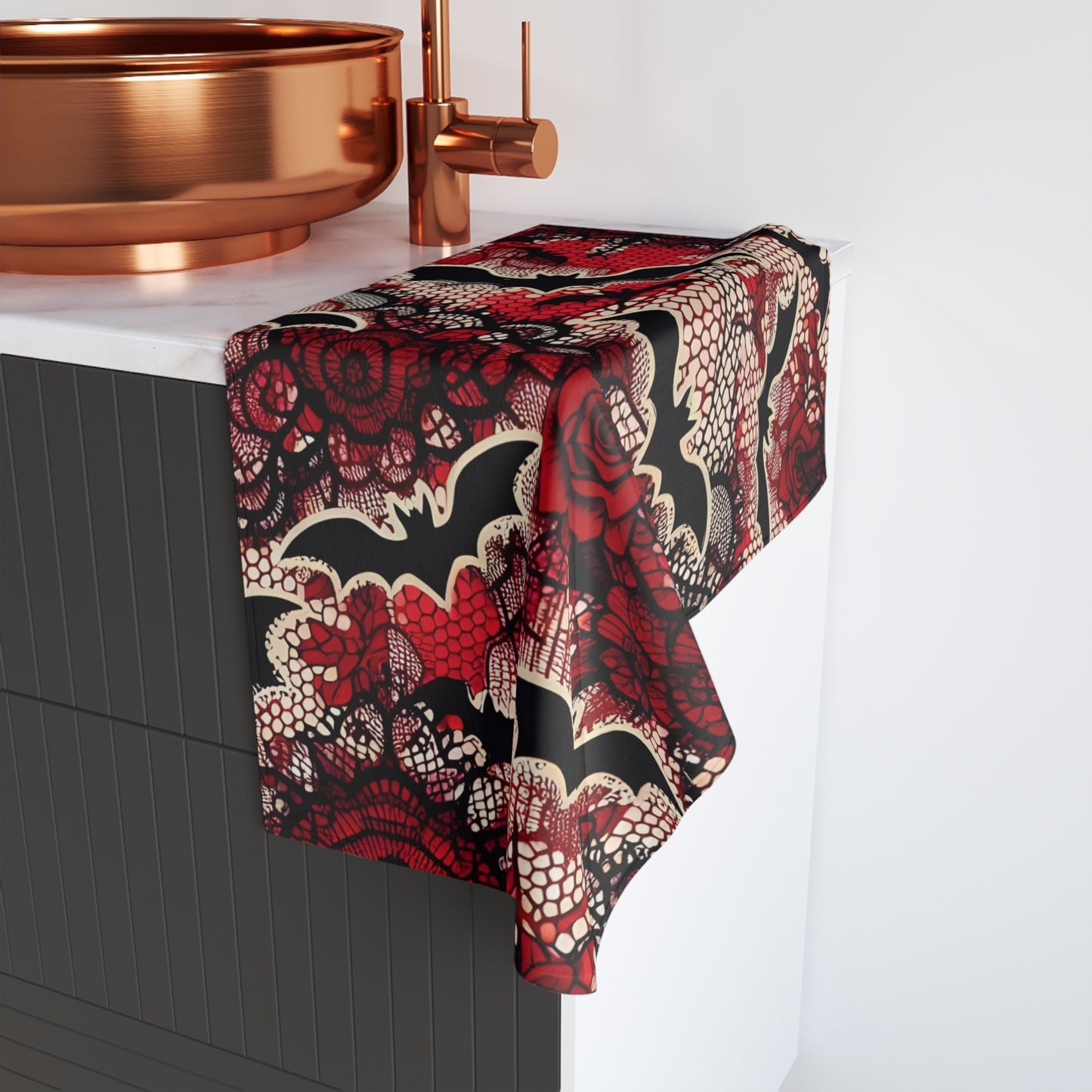 Red Lace Bats and Roses Hand Towel